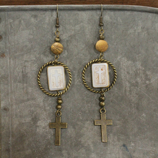 Czech Cross Ivory Glass Hoop Earrings