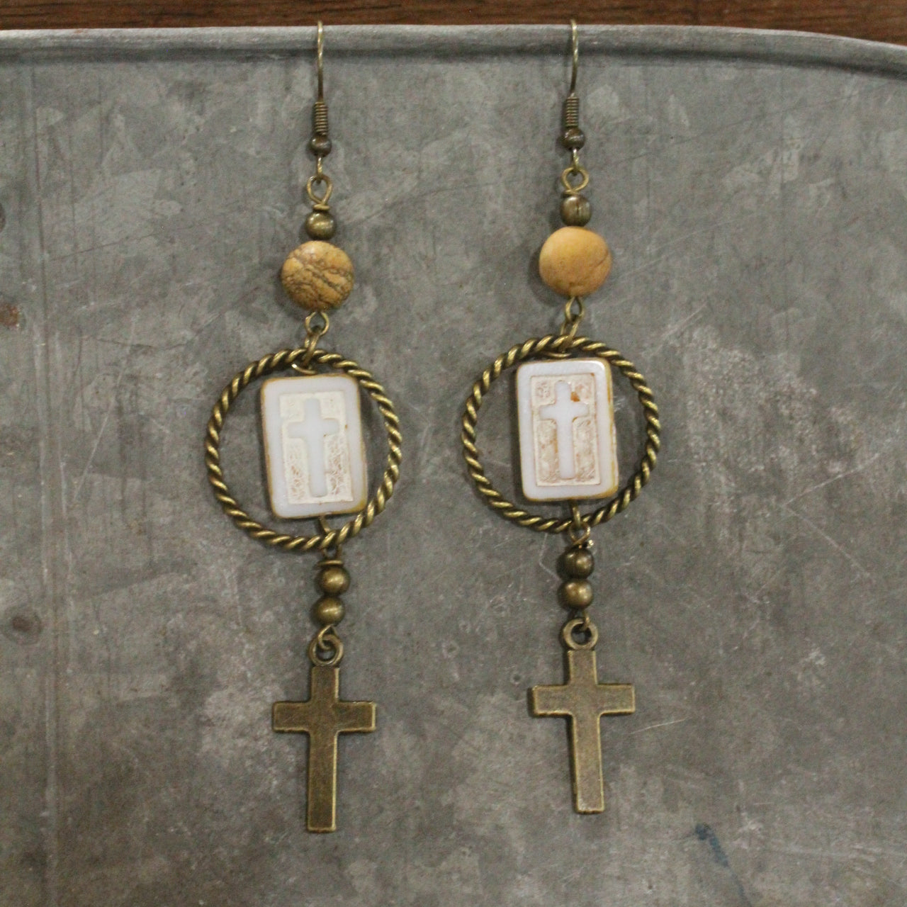 Czech Cross Ivory Glass Hoop Earrings