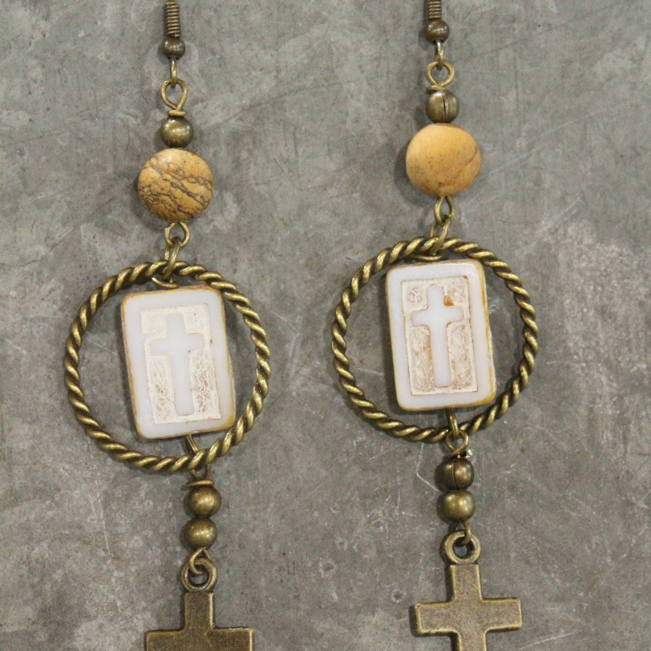 Czech Cross Ivory Glass Hoop Earrings