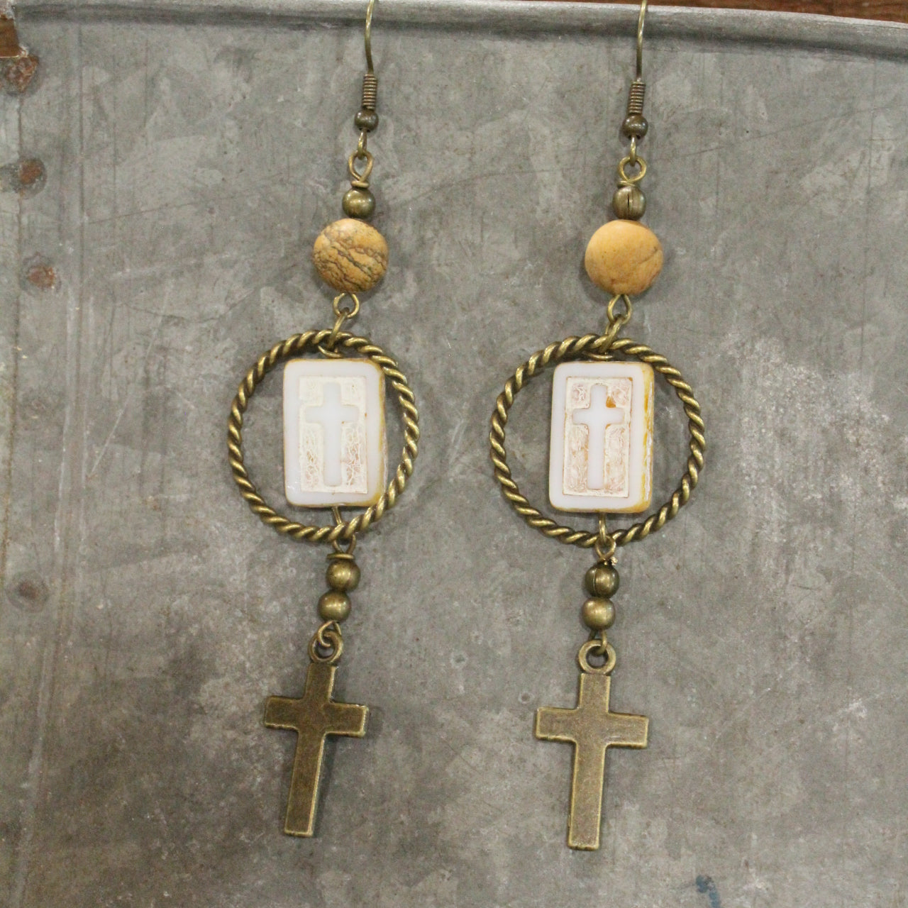 Czech Cross Ivory Glass Hoop Earrings