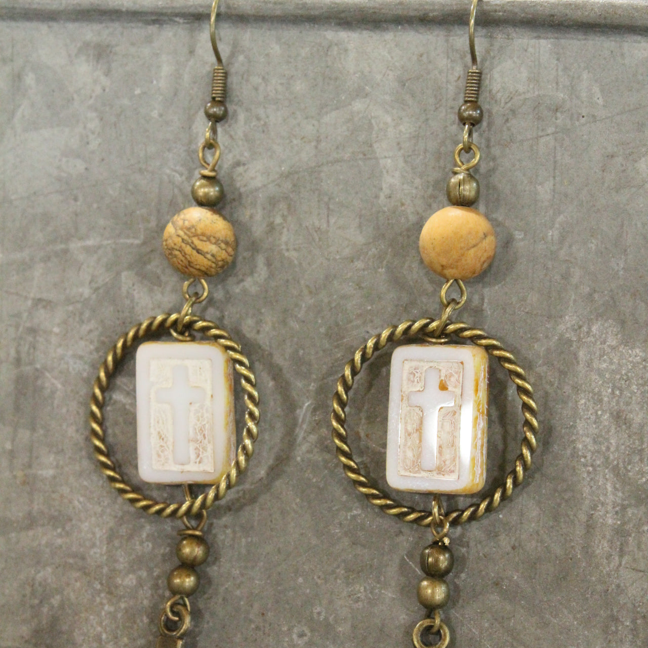 Czech Cross Ivory Glass Hoop Earrings