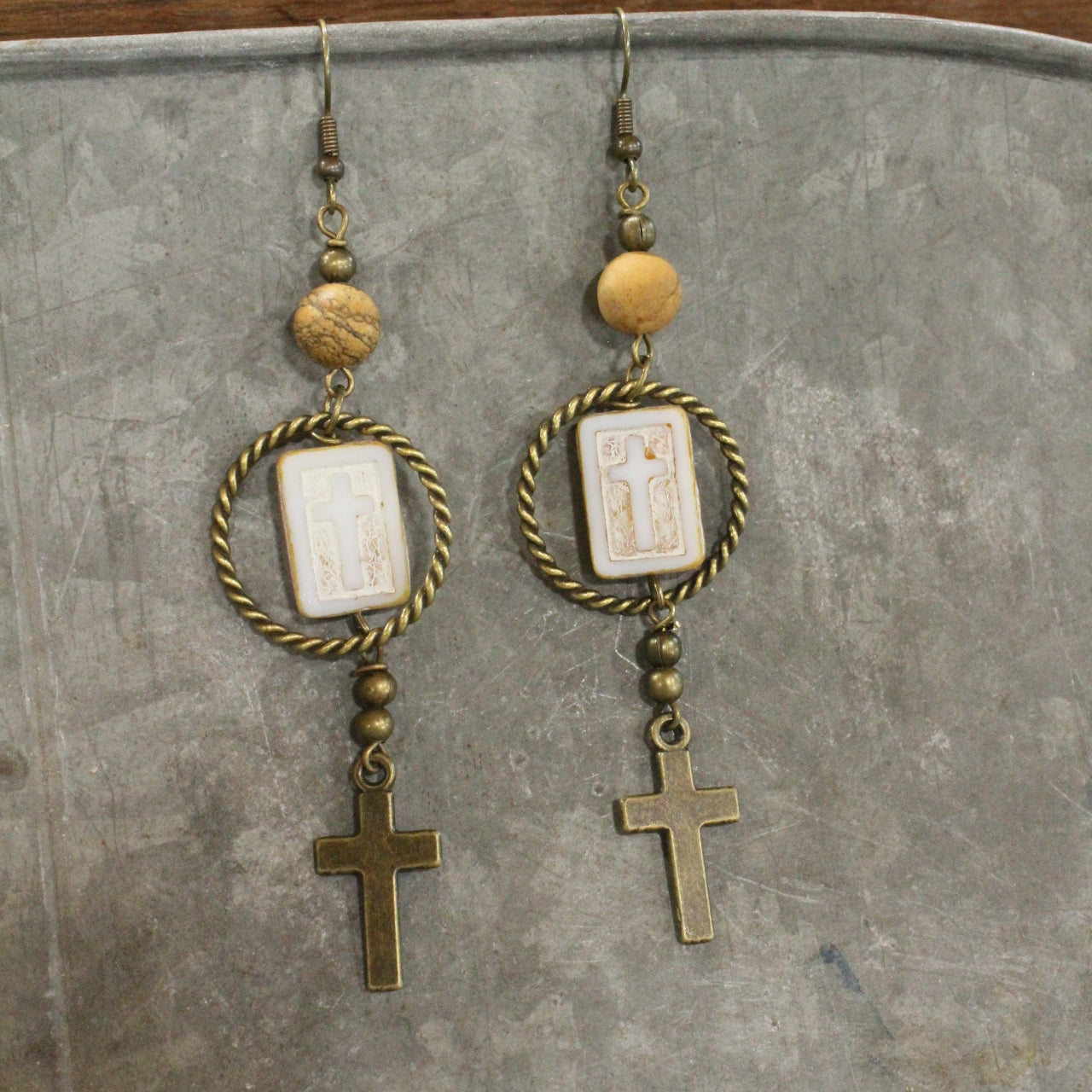 Czech Cross Ivory Glass Hoop Earrings