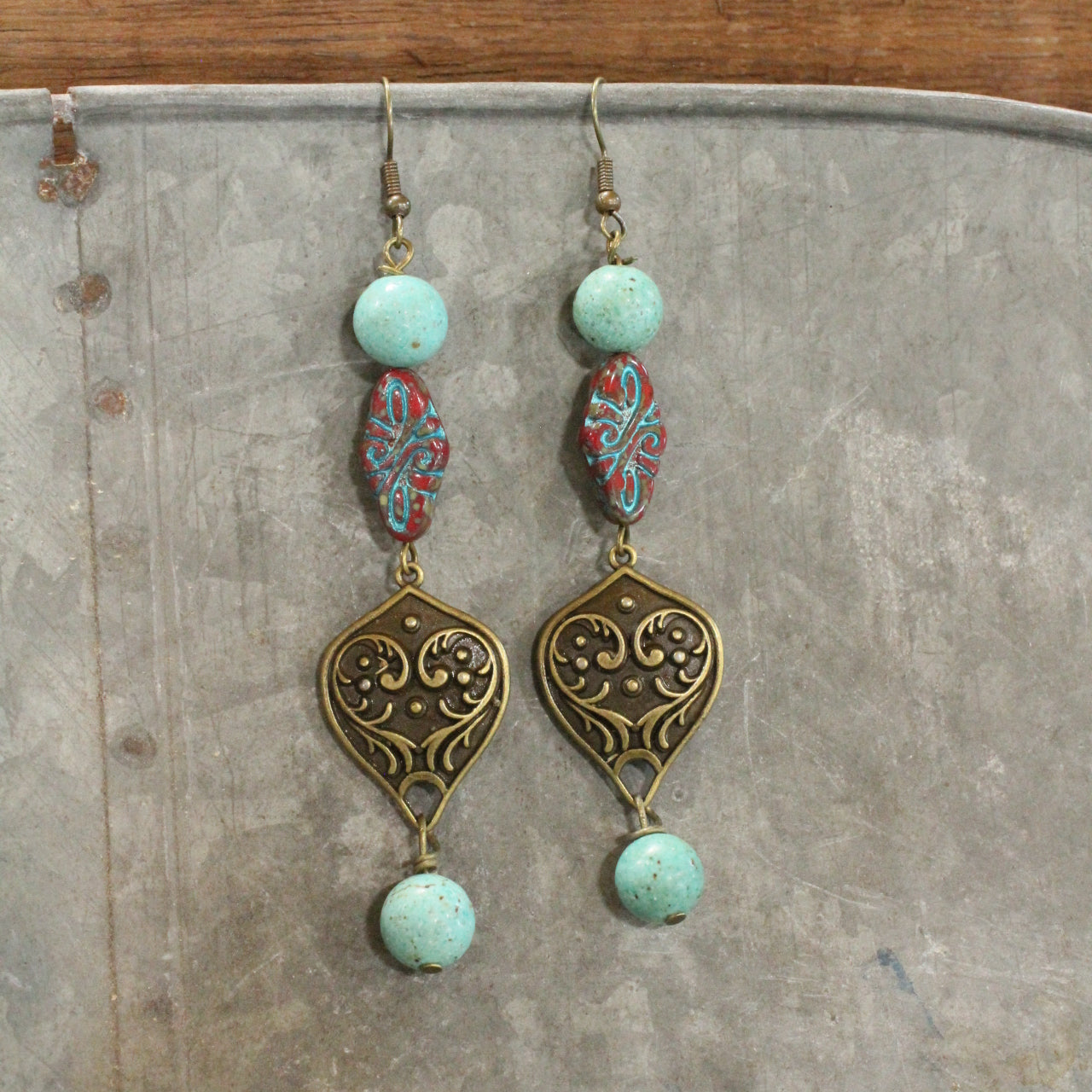 Carved Czech Glass & Turquoise Stone Pendant Drop Earrings