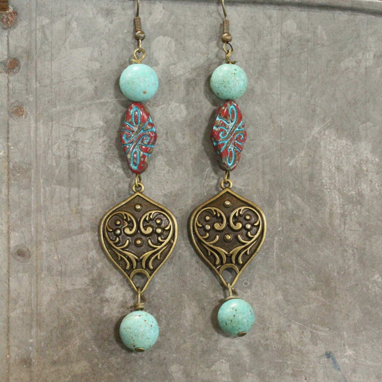 Carved Czech Glass & Turquoise Stone Pendant Drop Earrings