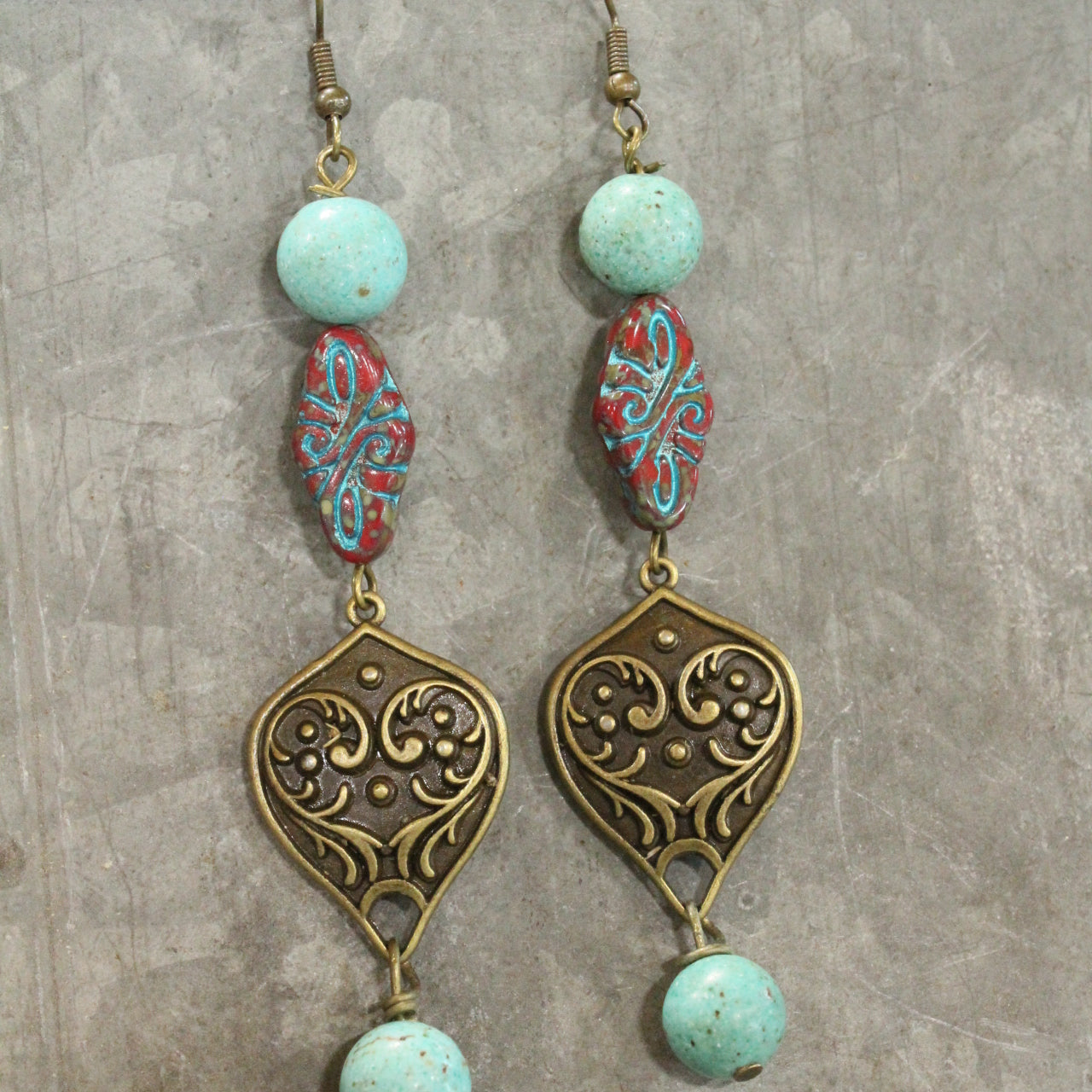 Carved Czech Glass & Turquoise Stone Pendant Drop Earrings