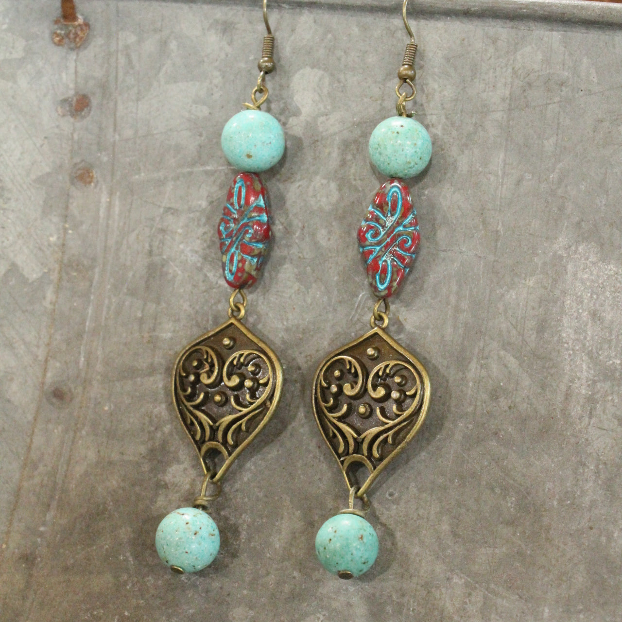 Carved Czech Glass & Turquoise Stone Pendant Drop Earrings