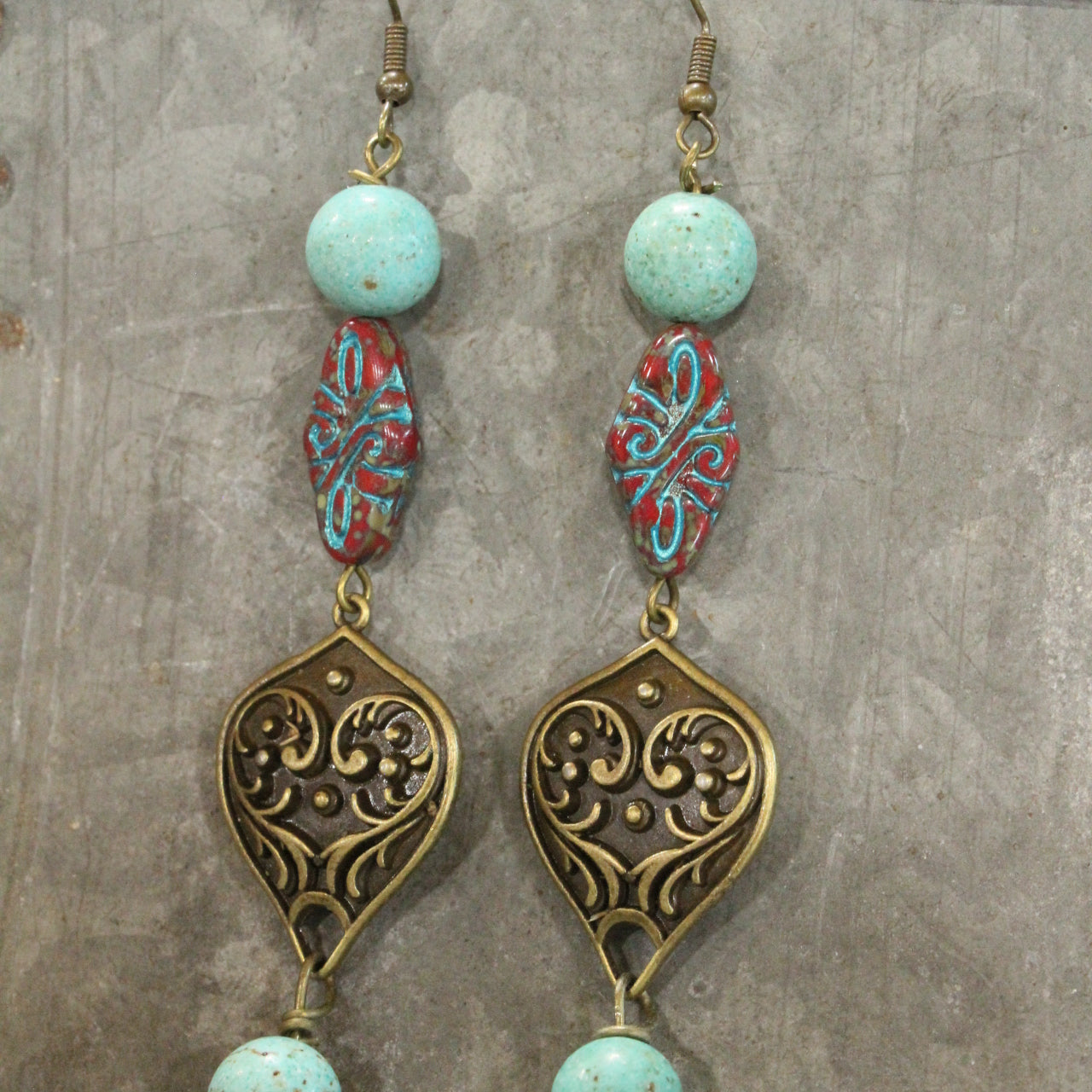 Carved Czech Glass & Turquoise Stone Pendant Drop Earrings