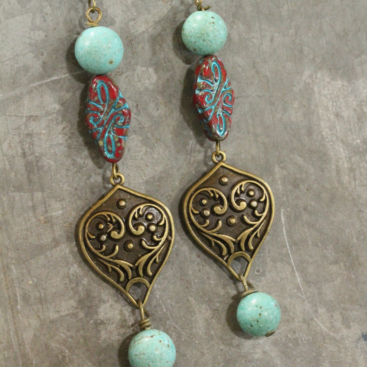 Carved Czech Glass & Turquoise Stone Pendant Drop Earrings