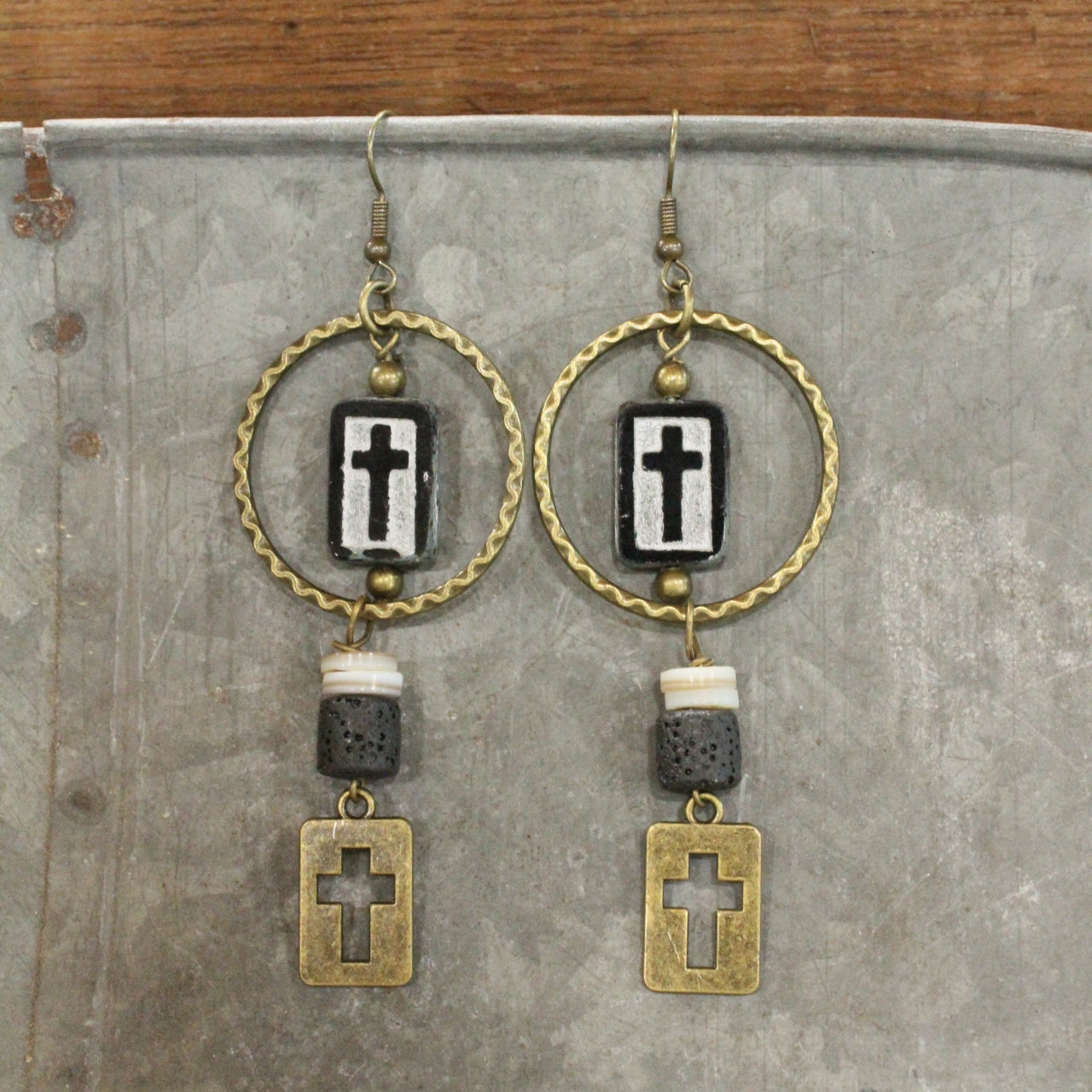 Czech Cross Black Glass Hoop Earrings