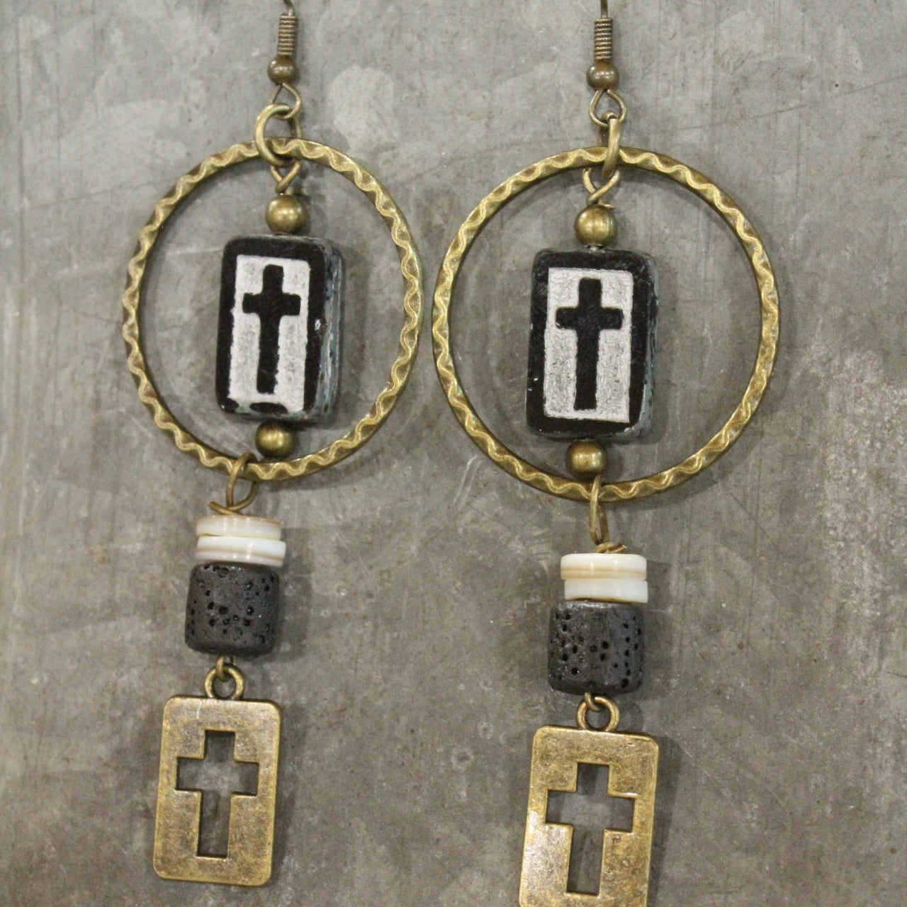 Czech Cross Black Glass Hoop Earrings