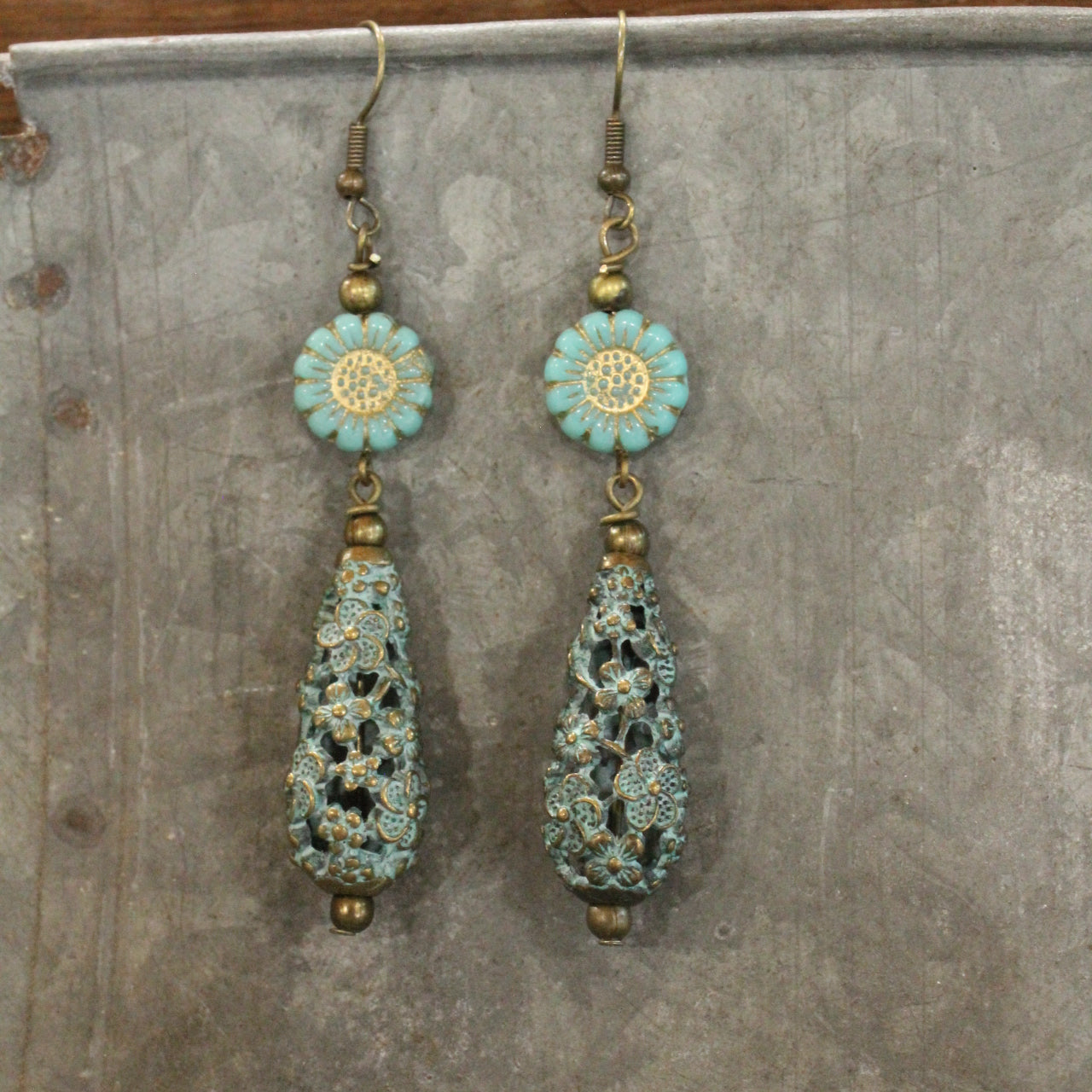 Sunflower Czech & Patina Flower Pendant Drop Earrings