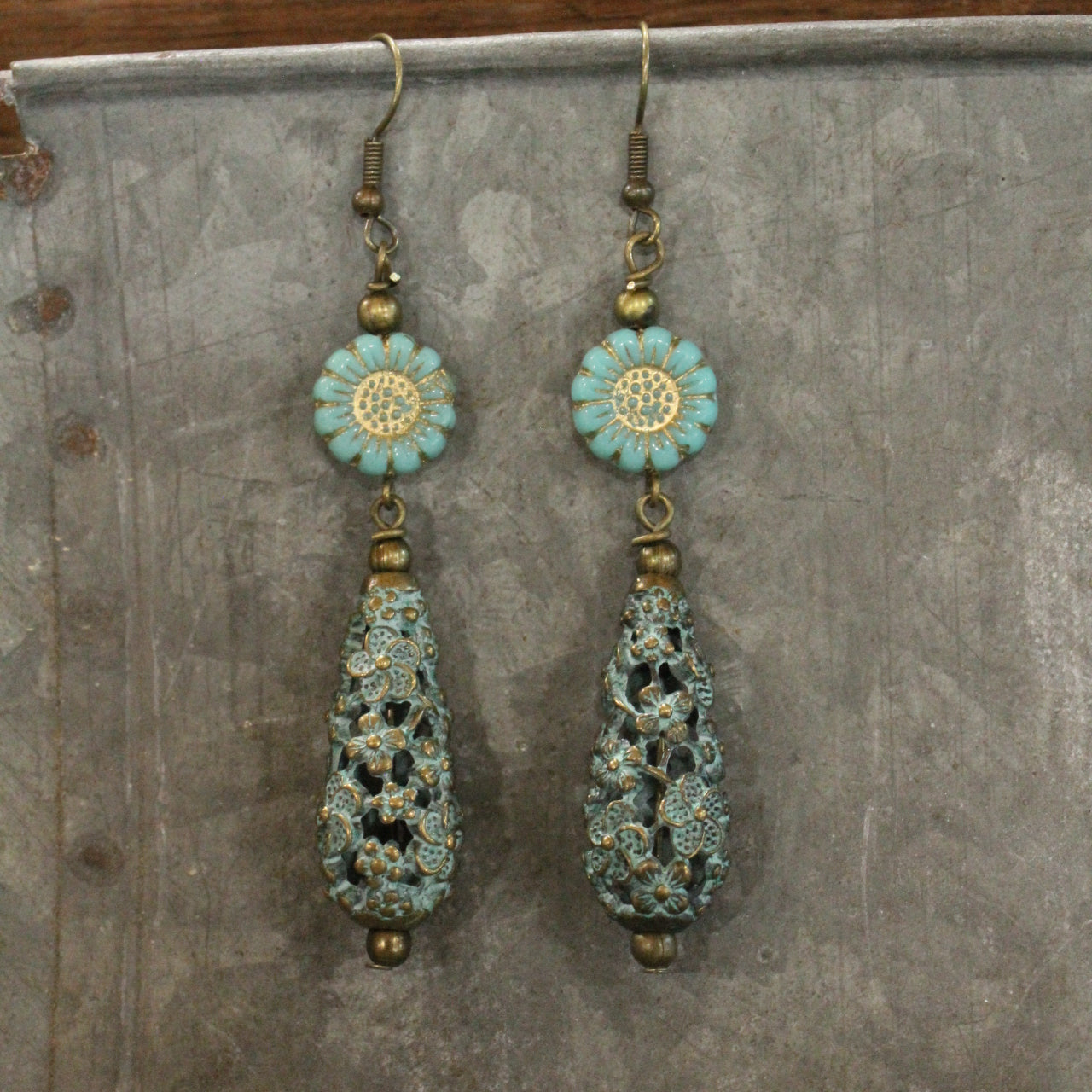 Sunflower Czech & Patina Flower Pendant Drop Earrings