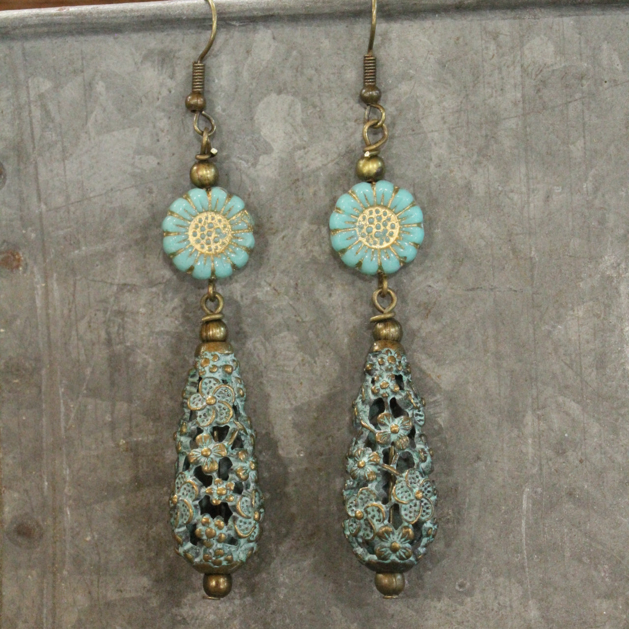 Sunflower Czech & Patina Flower Pendant Drop Earrings