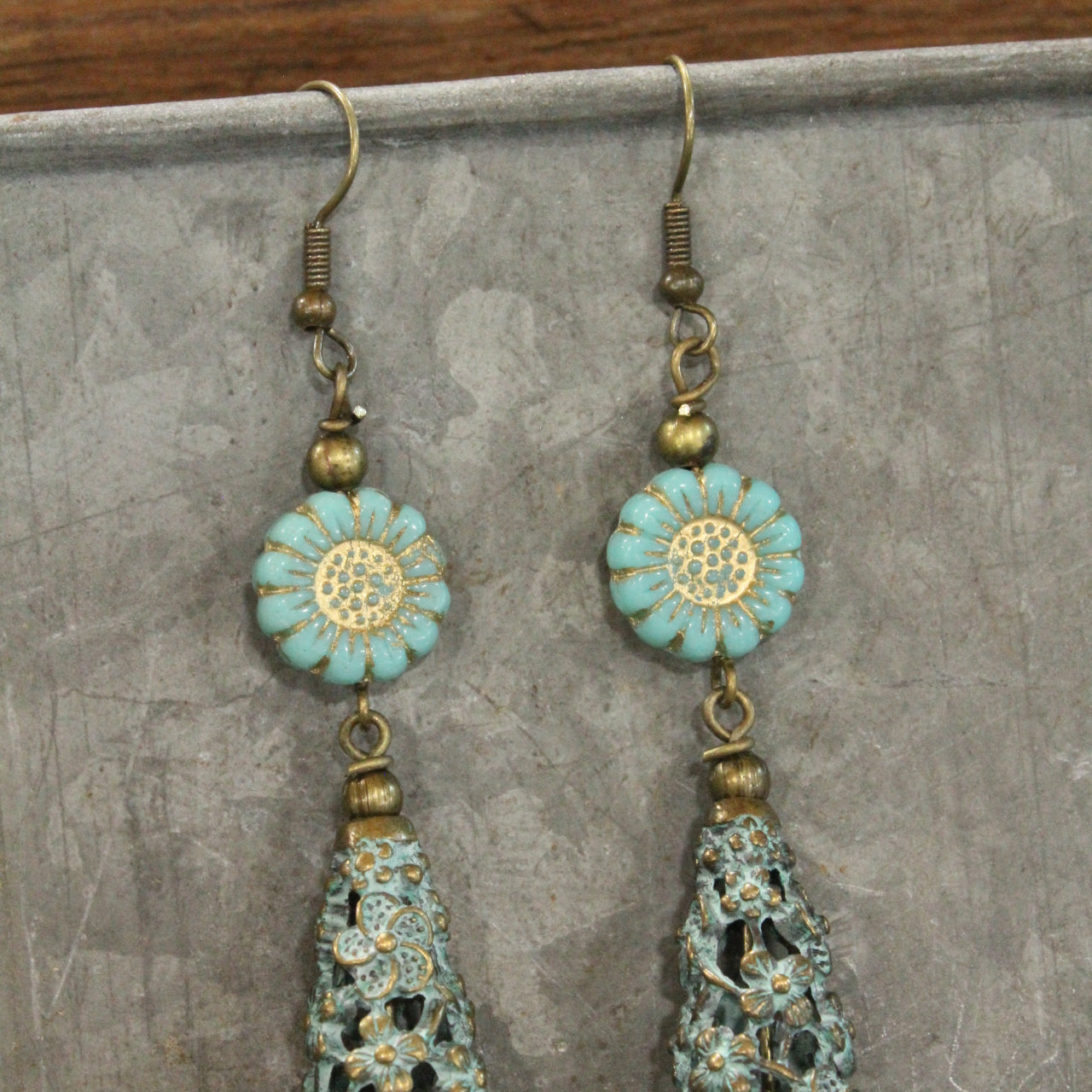 Sunflower Czech & Patina Flower Pendant Drop Earrings