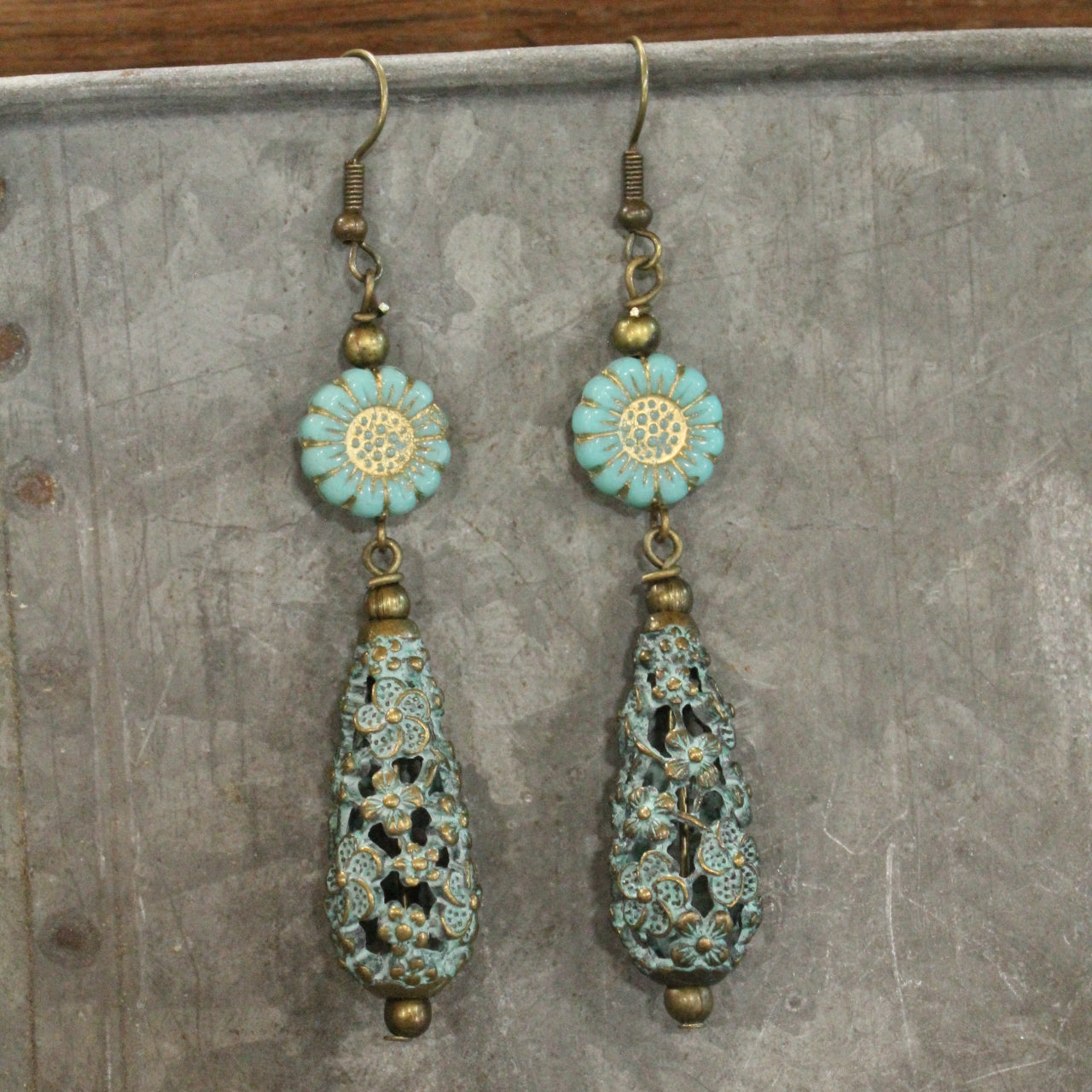 Sunflower Czech & Patina Flower Pendant Drop Earrings