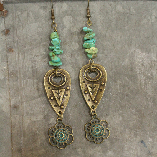 Green Turquoise Chip Beads With Tree & Patina Flower Pendant Drop Earrings