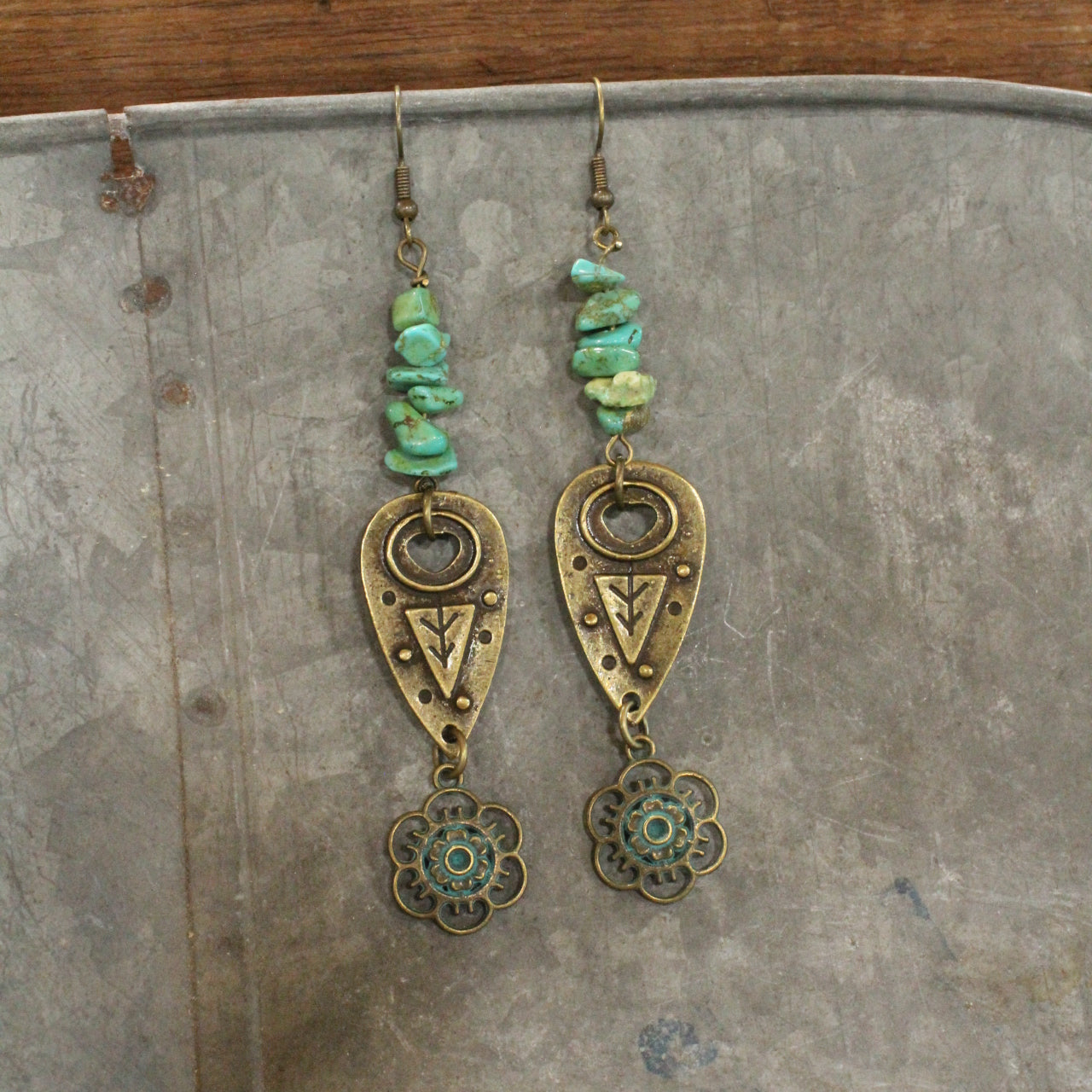 Green Turquoise Chip Beads With Tree & Patina Flower Pendant Drop Earrings