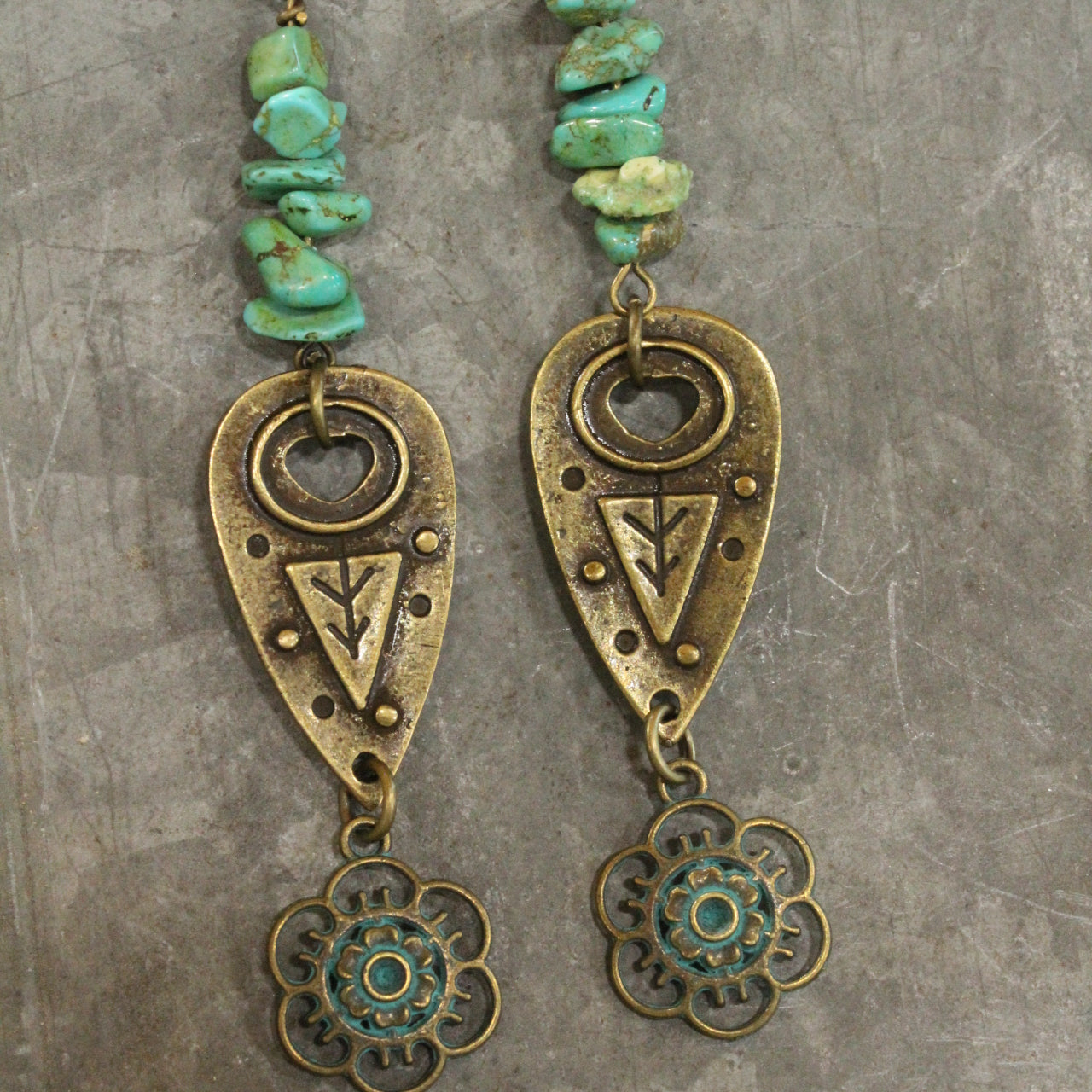 Green Turquoise Chip Beads With Tree & Patina Flower Pendant Drop Earrings