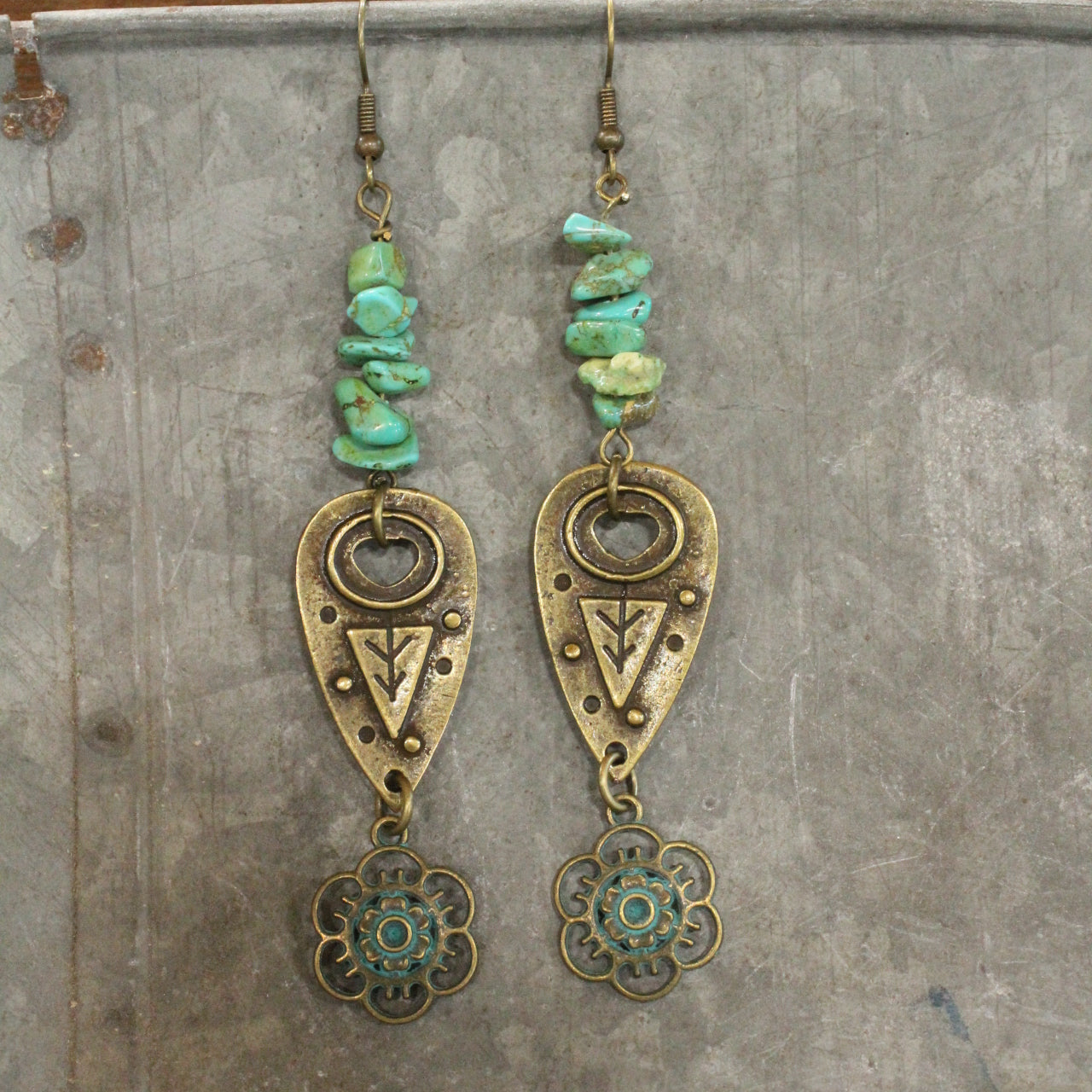 Green Turquoise Chip Beads With Tree & Patina Flower Pendant Drop Earrings