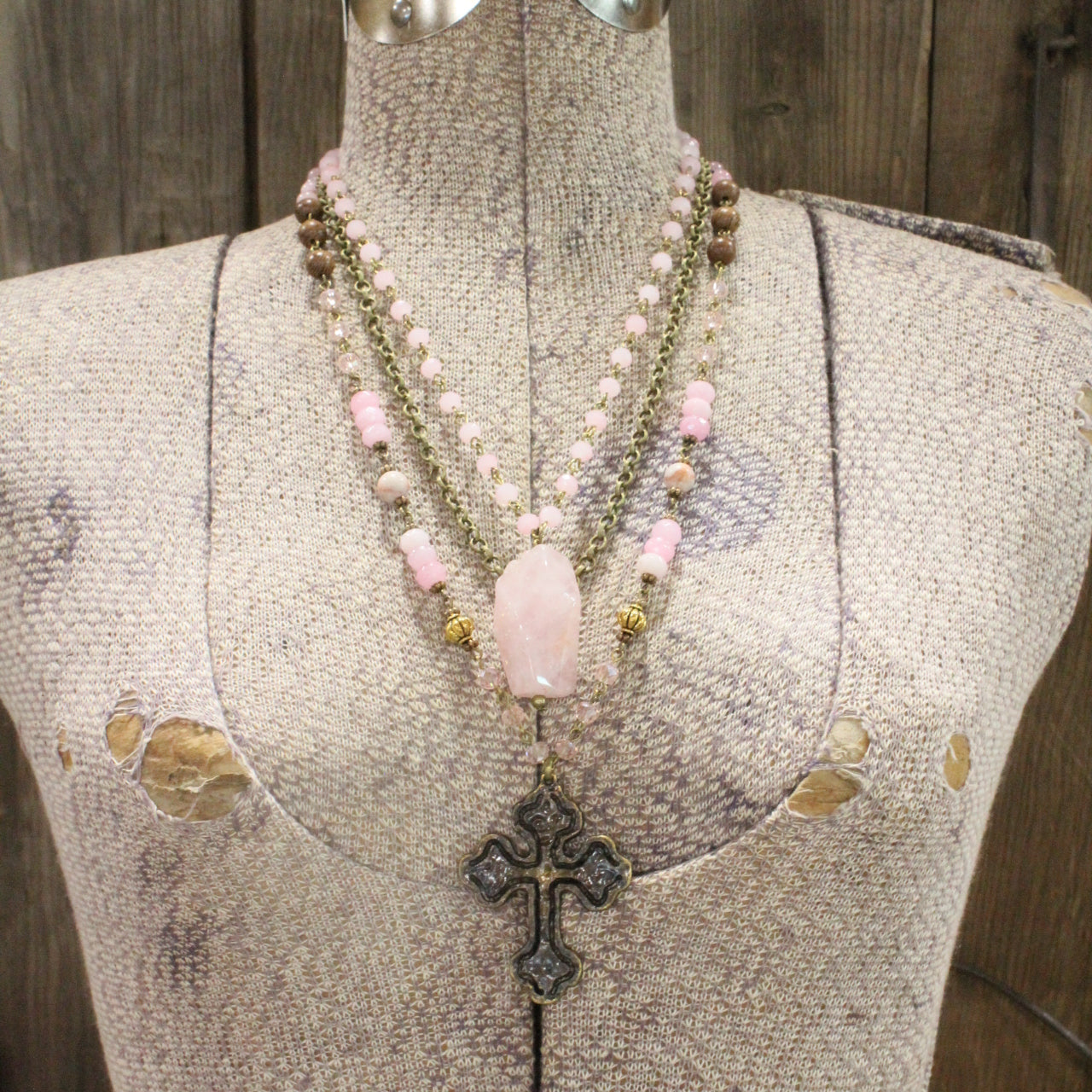 Bohemian Layered Powder Pink Cross & Stone Drop Necklace