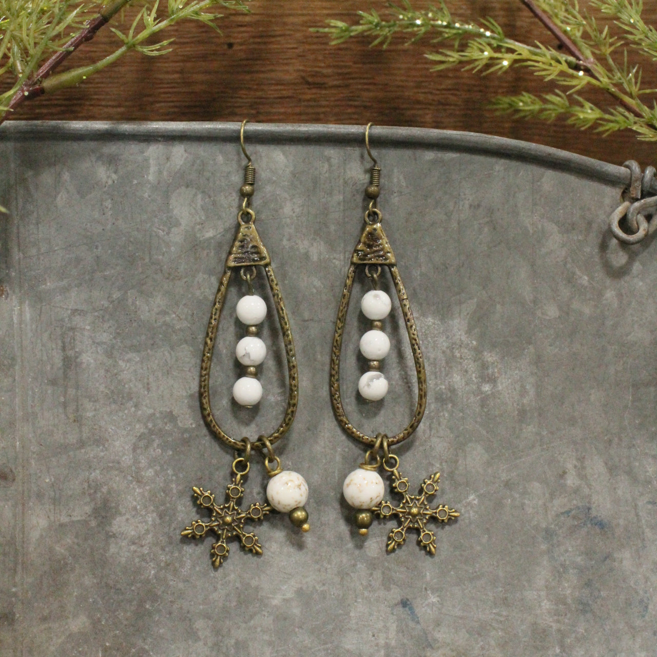 Bronze Teardrop White Stone Snowflake Earrings