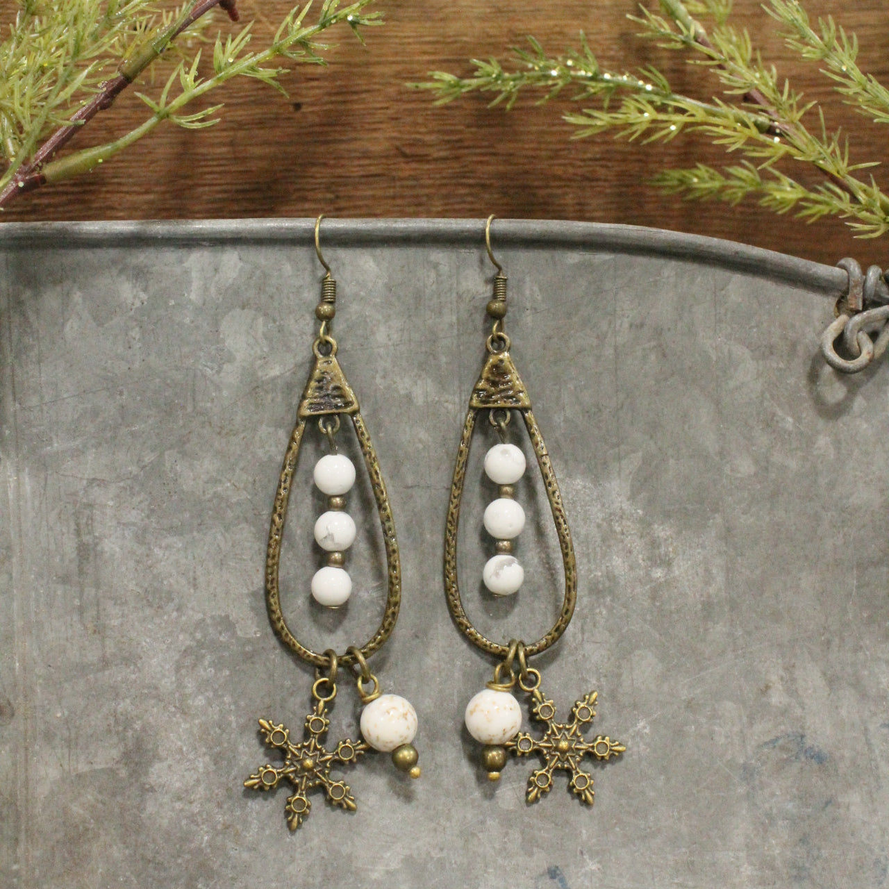 Bronze Teardrop White Stone Snowflake Earrings