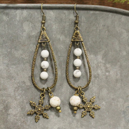 Bronze Teardrop White Stone Snowflake Earrings