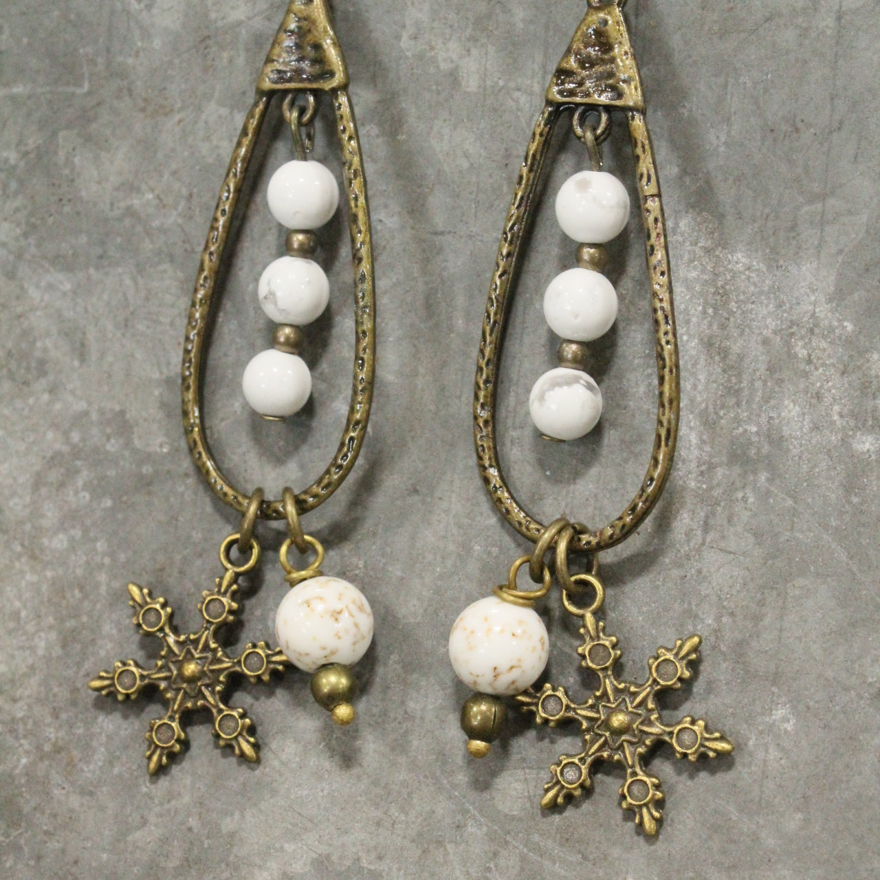 Bronze Teardrop White Stone Snowflake Earrings