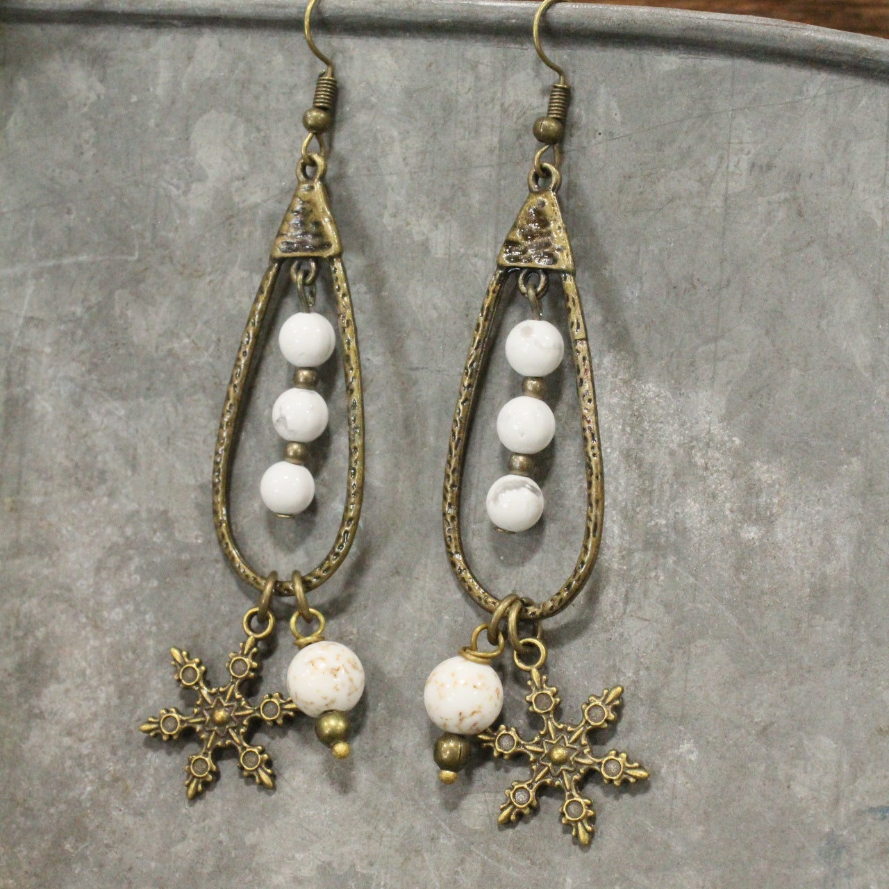 Bronze Teardrop White Stone Snowflake Earrings