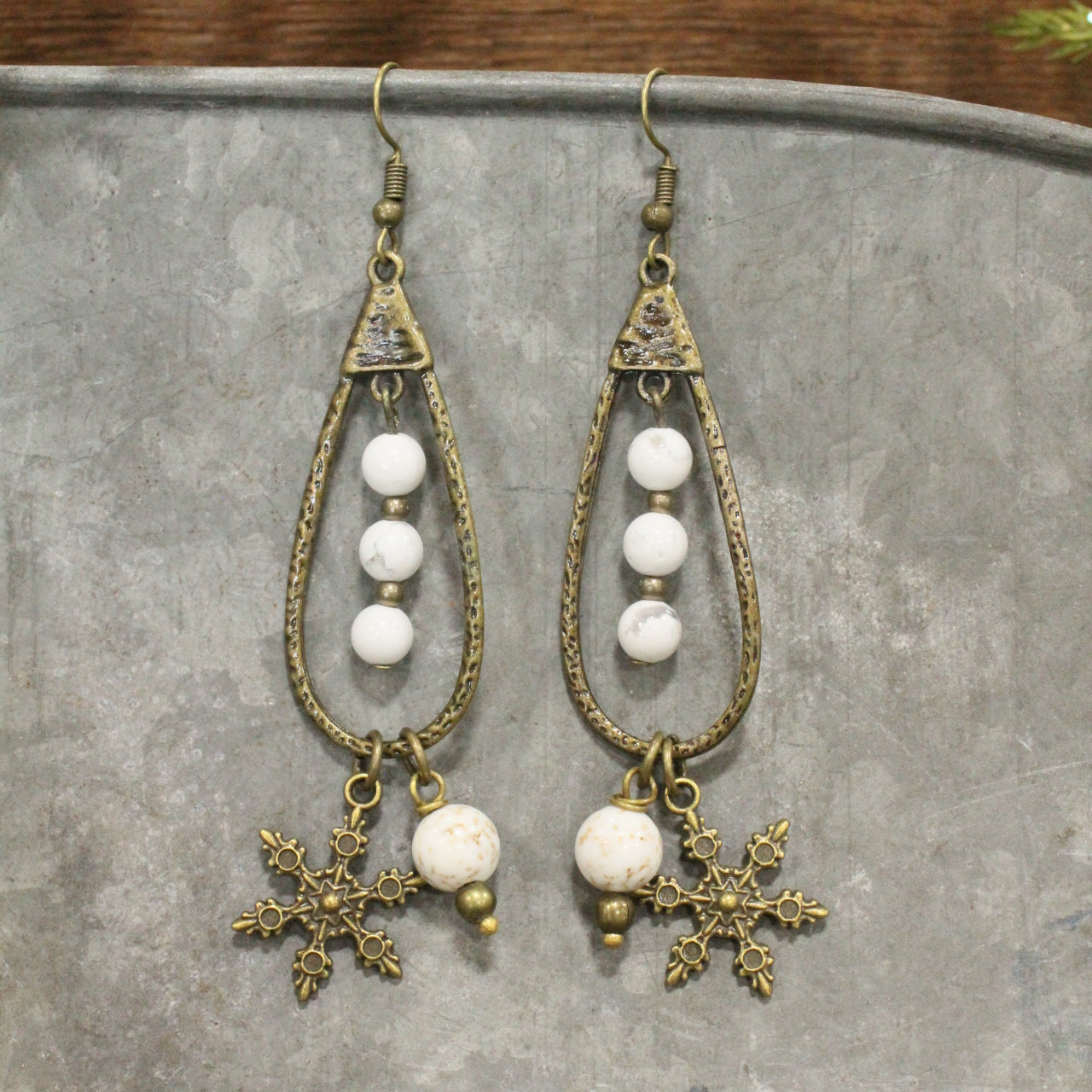 Bronze Teardrop White Stone Snowflake Earrings