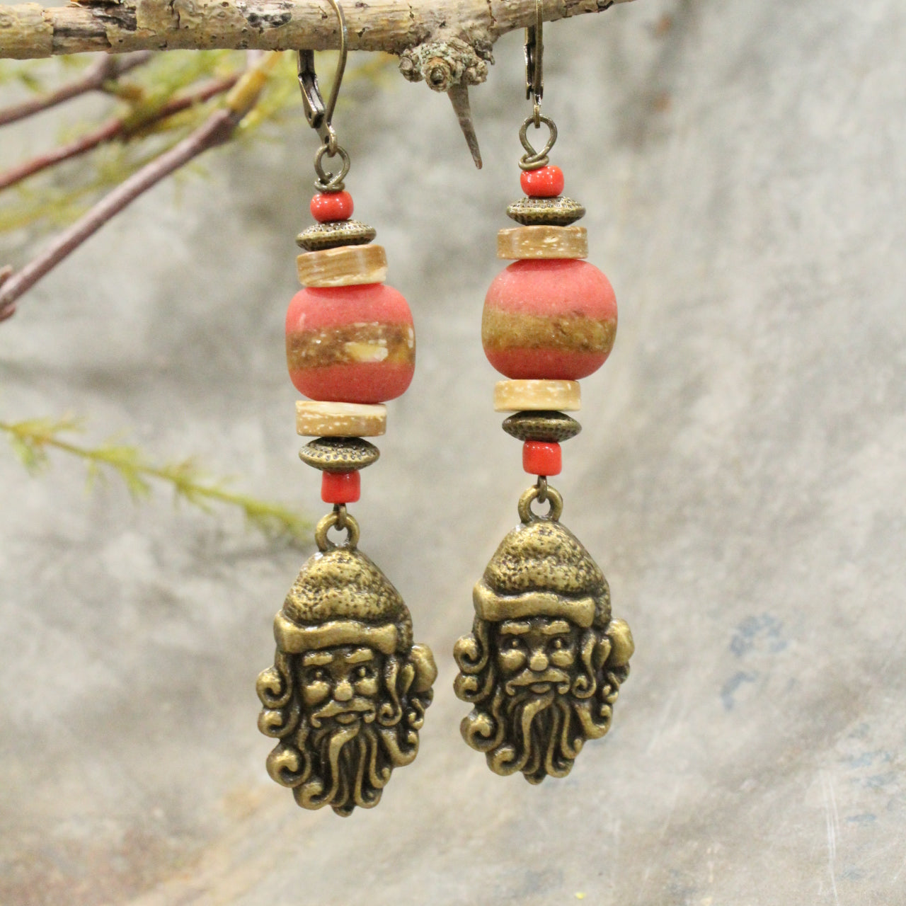 Bronze Santa & His Whimsy Stone Earrings