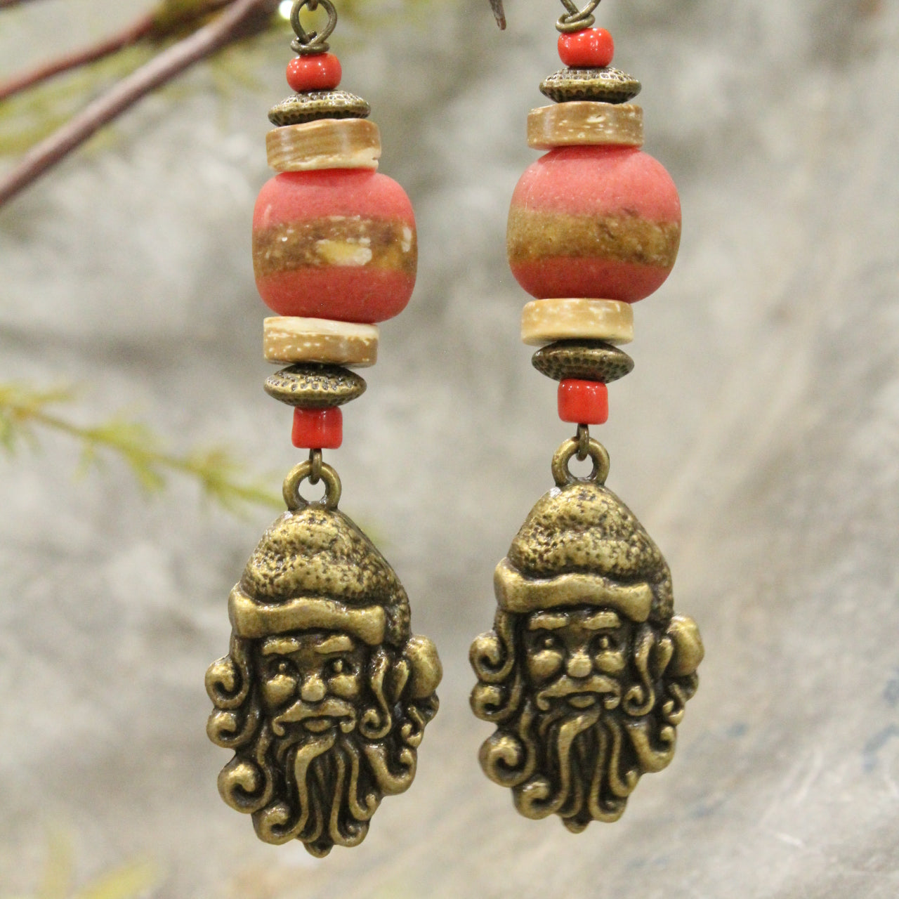 Bronze Santa & His Whimsy Stone Earrings