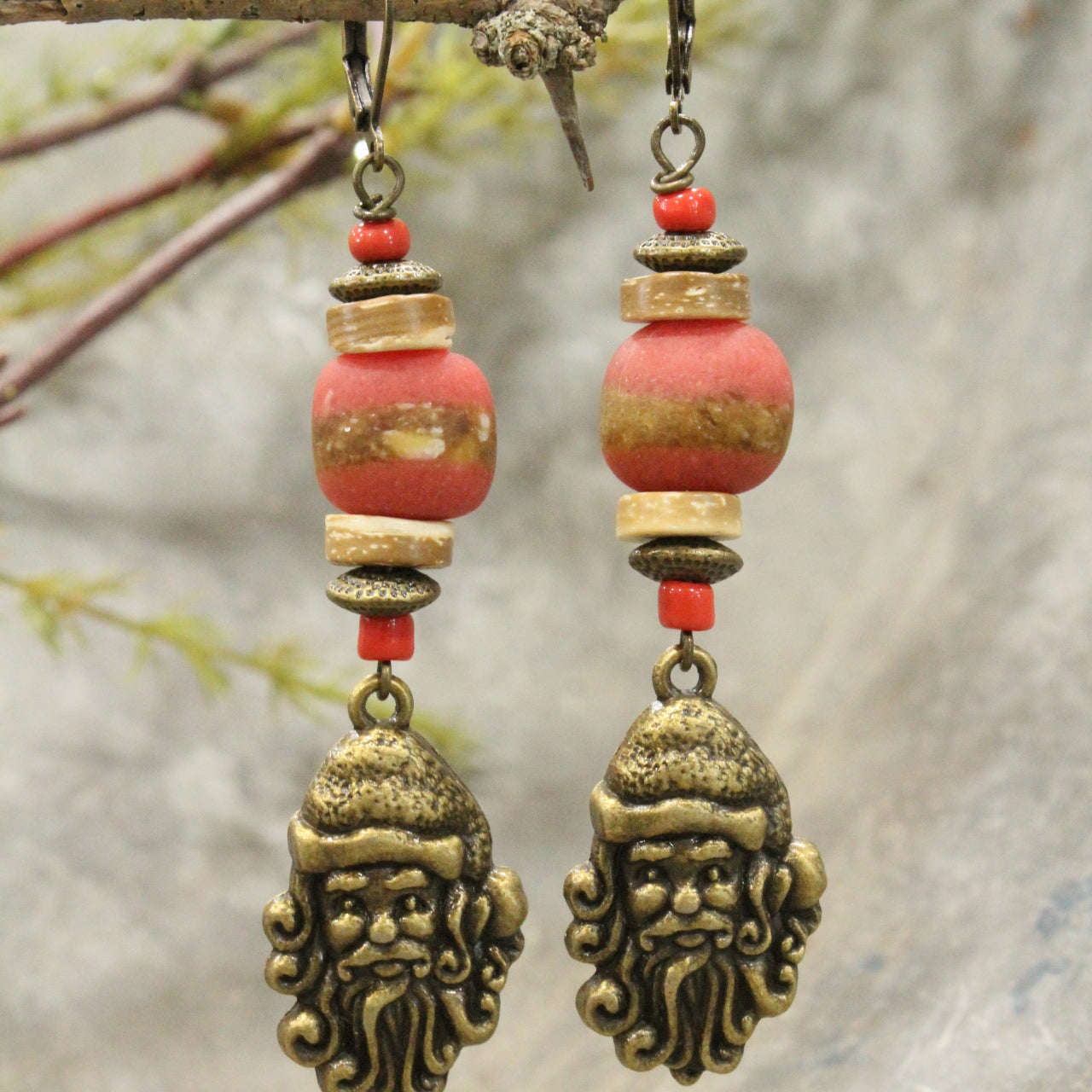 Bronze Santa & His Whimsy Stone Earrings