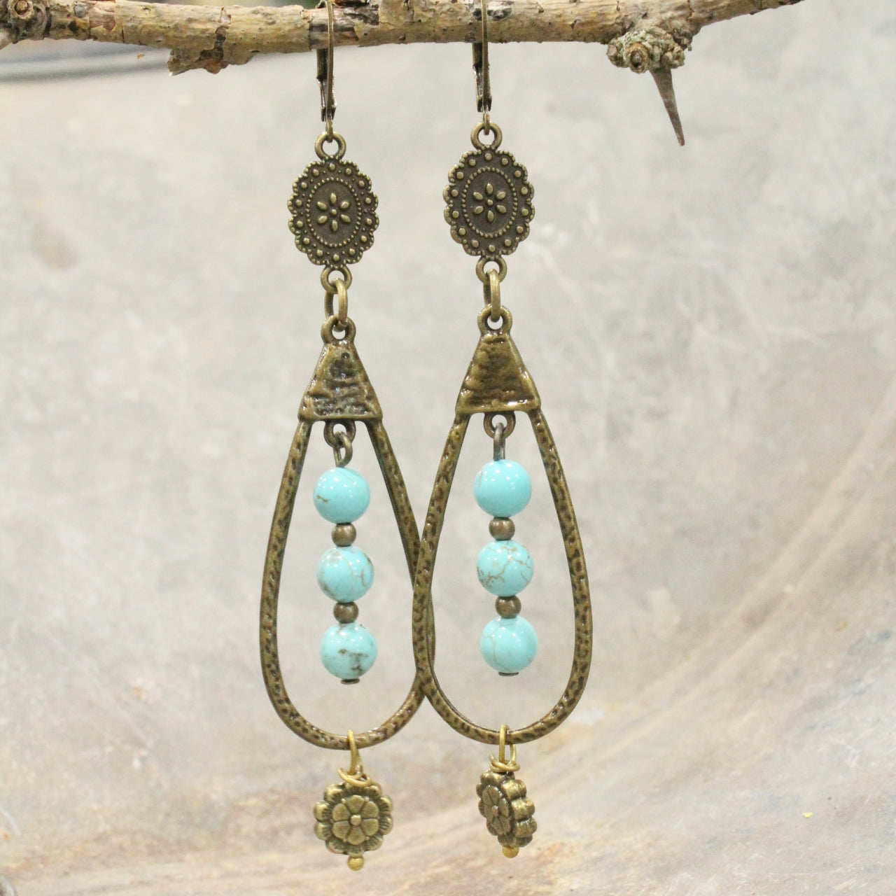 Bronze Teardrop Turquoise Stone Drop Earrings