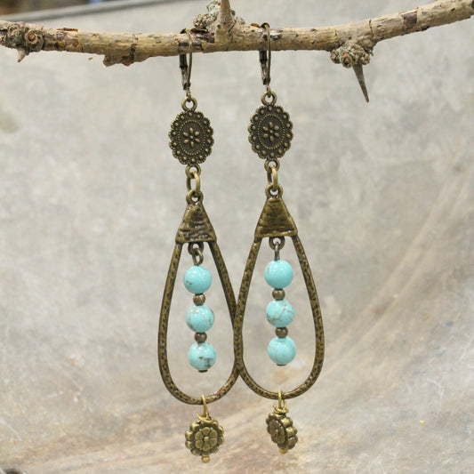 Bronze Teardrop Turquoise Stone Drop Earrings