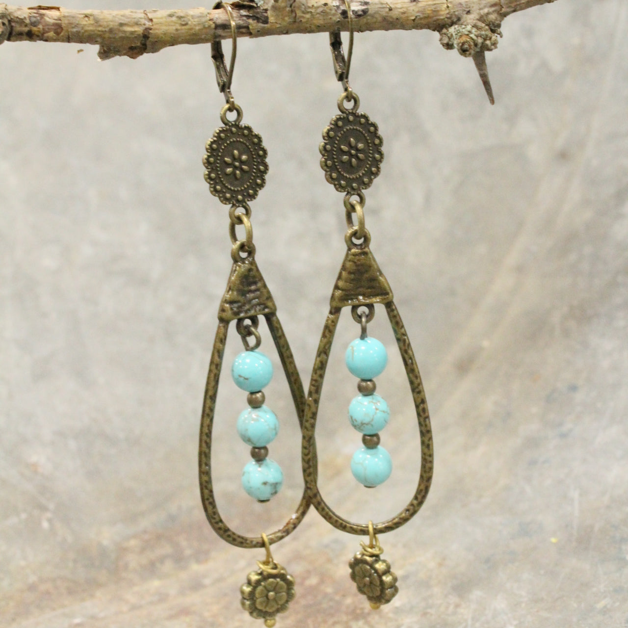 Bronze Teardrop Turquoise Stone Drop Earrings