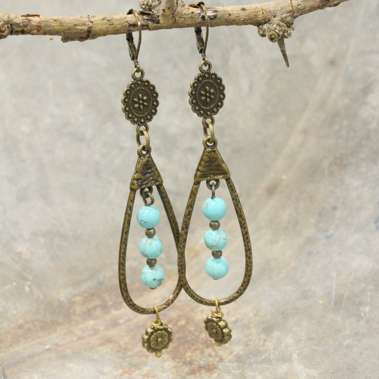 Bronze Teardrop Turquoise Stone Drop Earrings