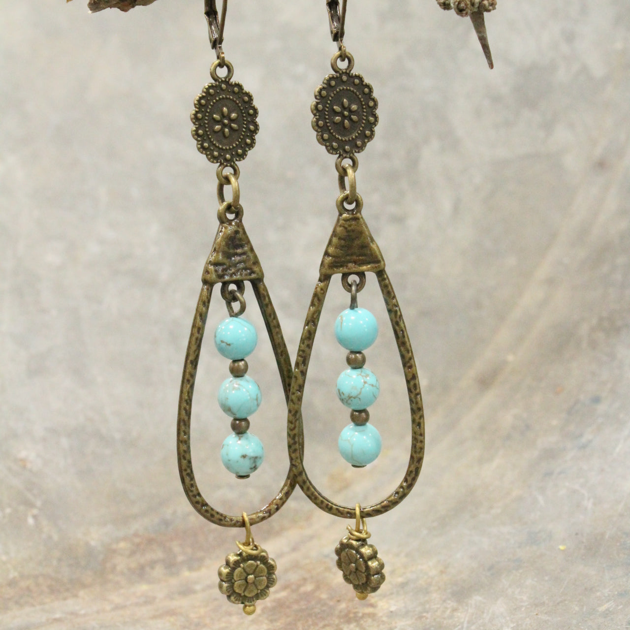 Bronze Teardrop Turquoise Stone Drop Earrings