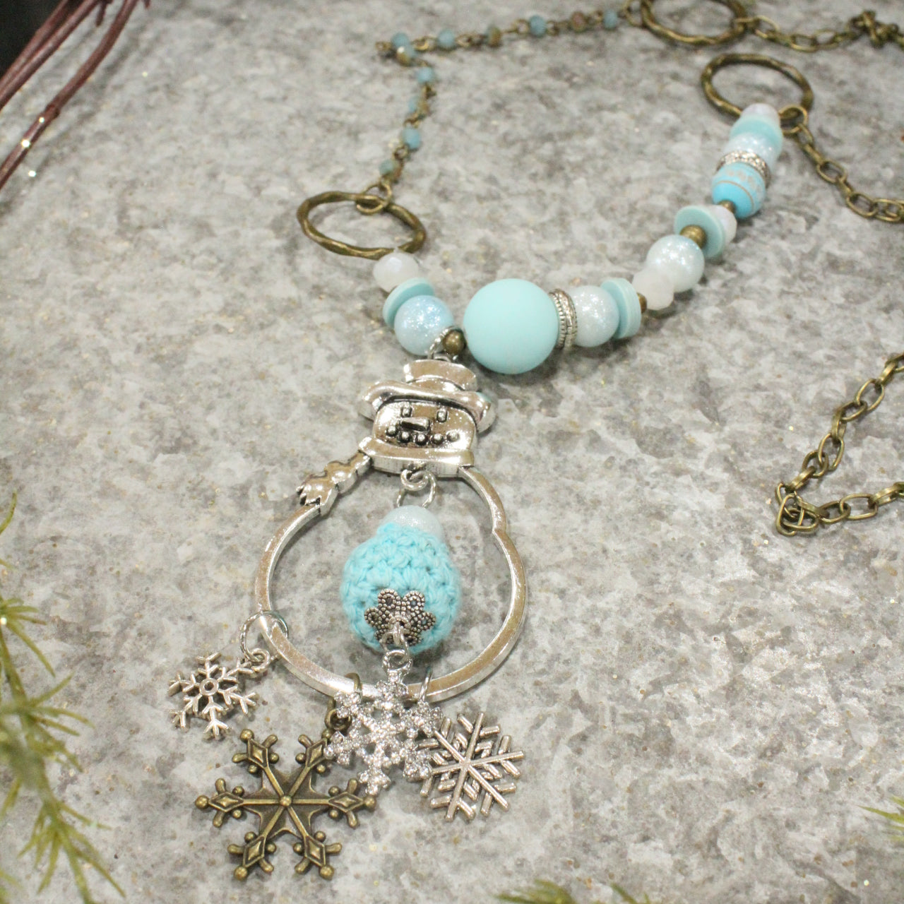 Mixed Metals Snowflake & Snowman Crochet Necklace