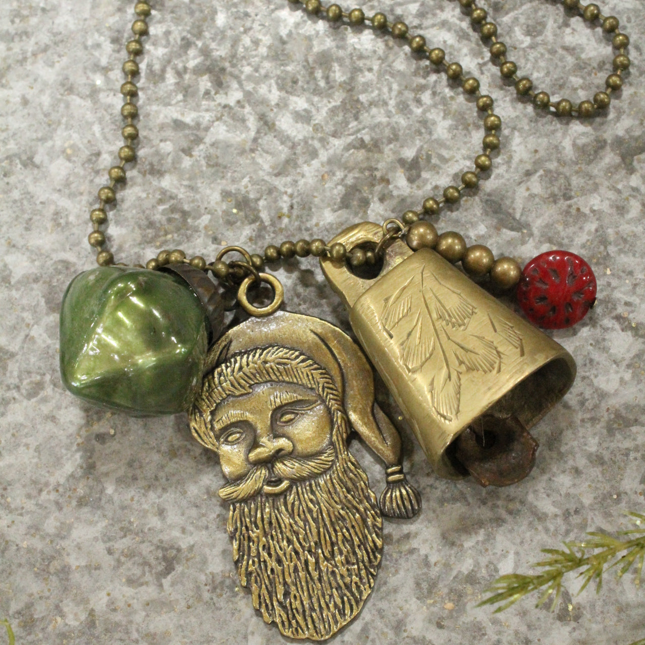 Vintage Antique Brass Bell & Santa Dangle Charm Necklace