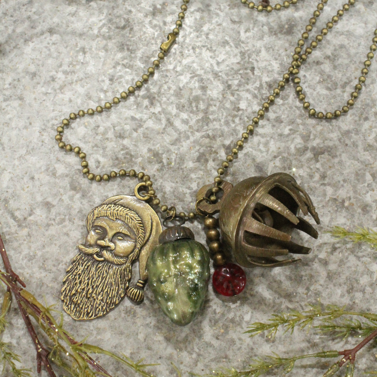 Vintage Antique Brass Bell & Santa Dangle Charm Necklace