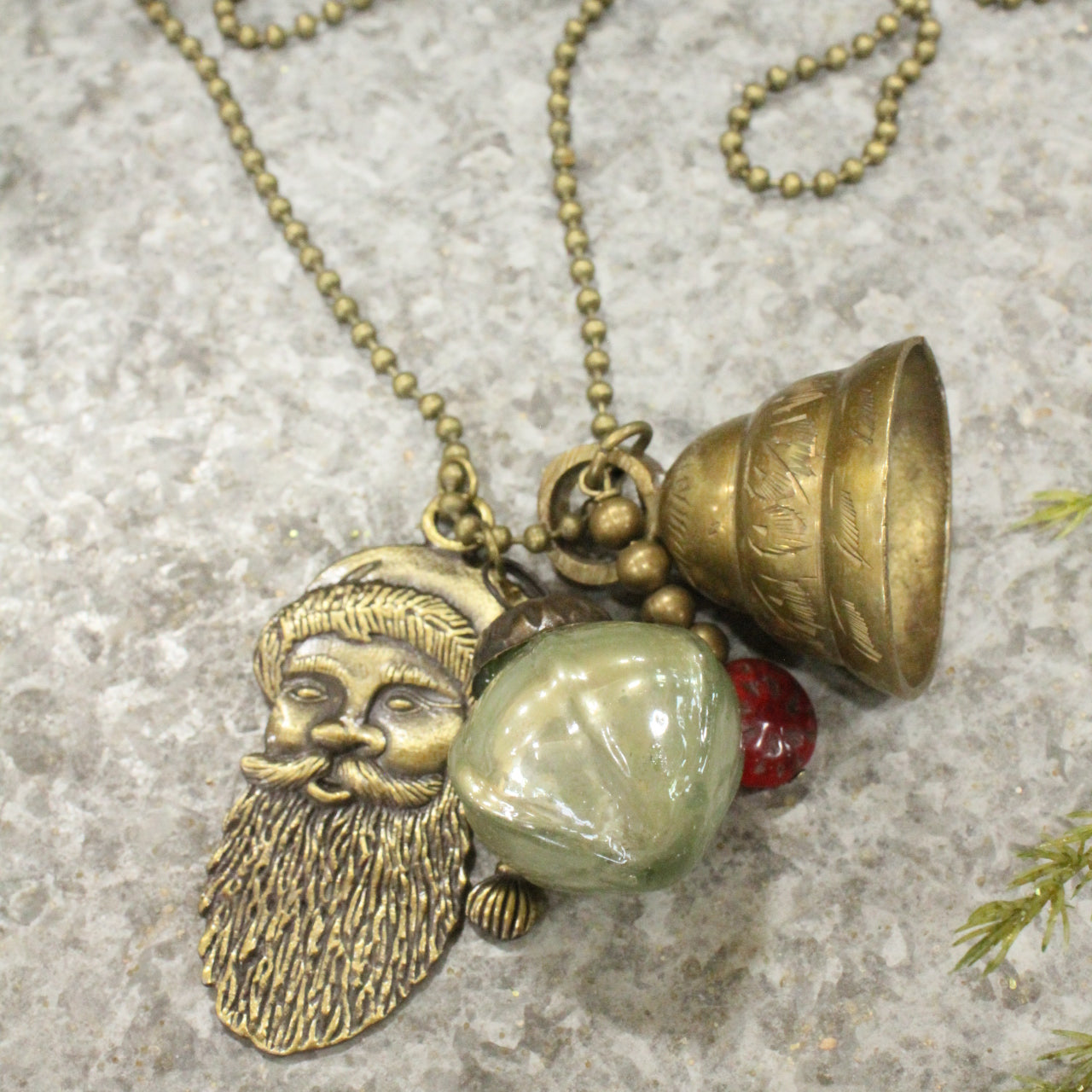 Vintage Antique Brass Bell & Santa Dangle Charm Necklace