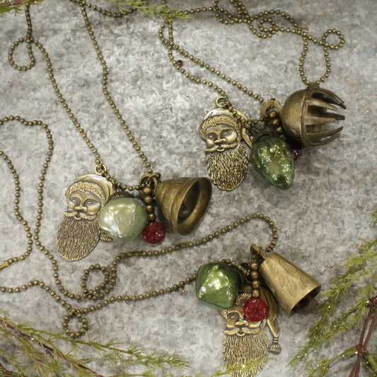 Vintage Antique Brass Bell & Santa Dangle Charm Necklace