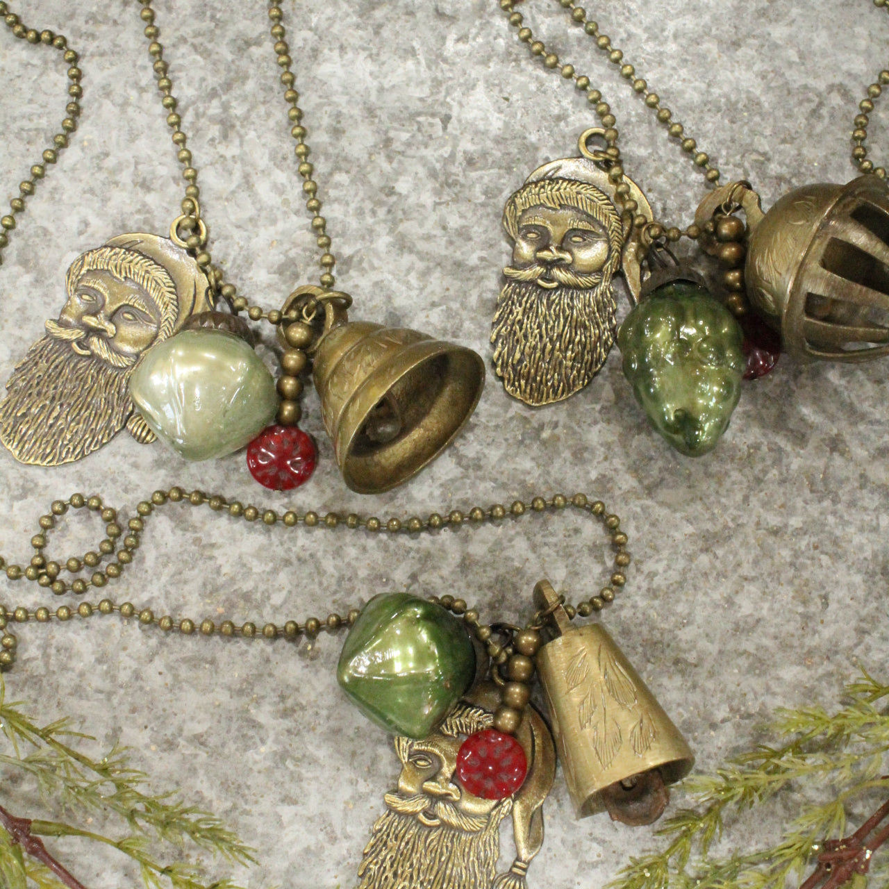 Vintage Antique Brass Bell & Santa Dangle Charm Necklace