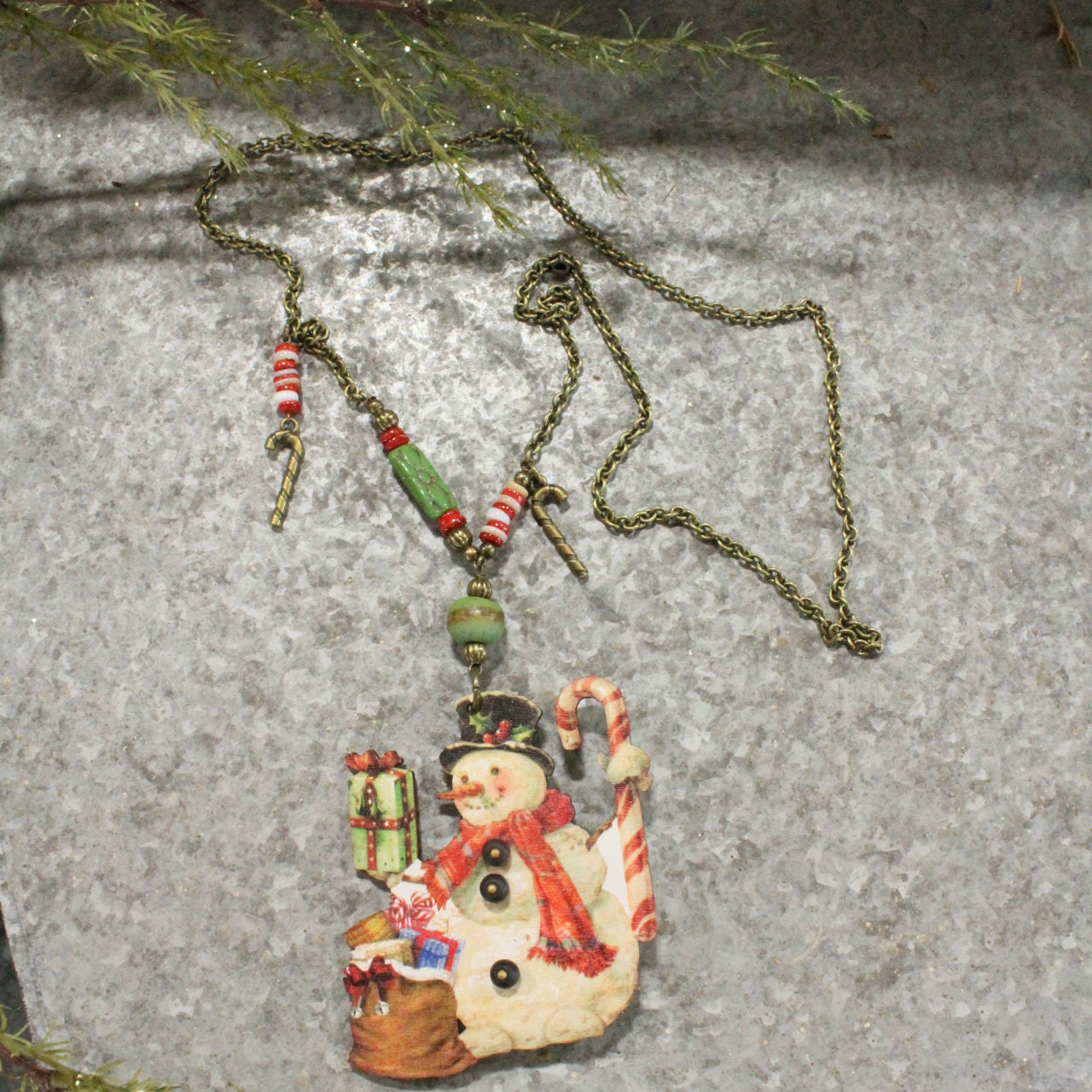 Snowman W/ His Candy Cane & Packages Charm Necklace