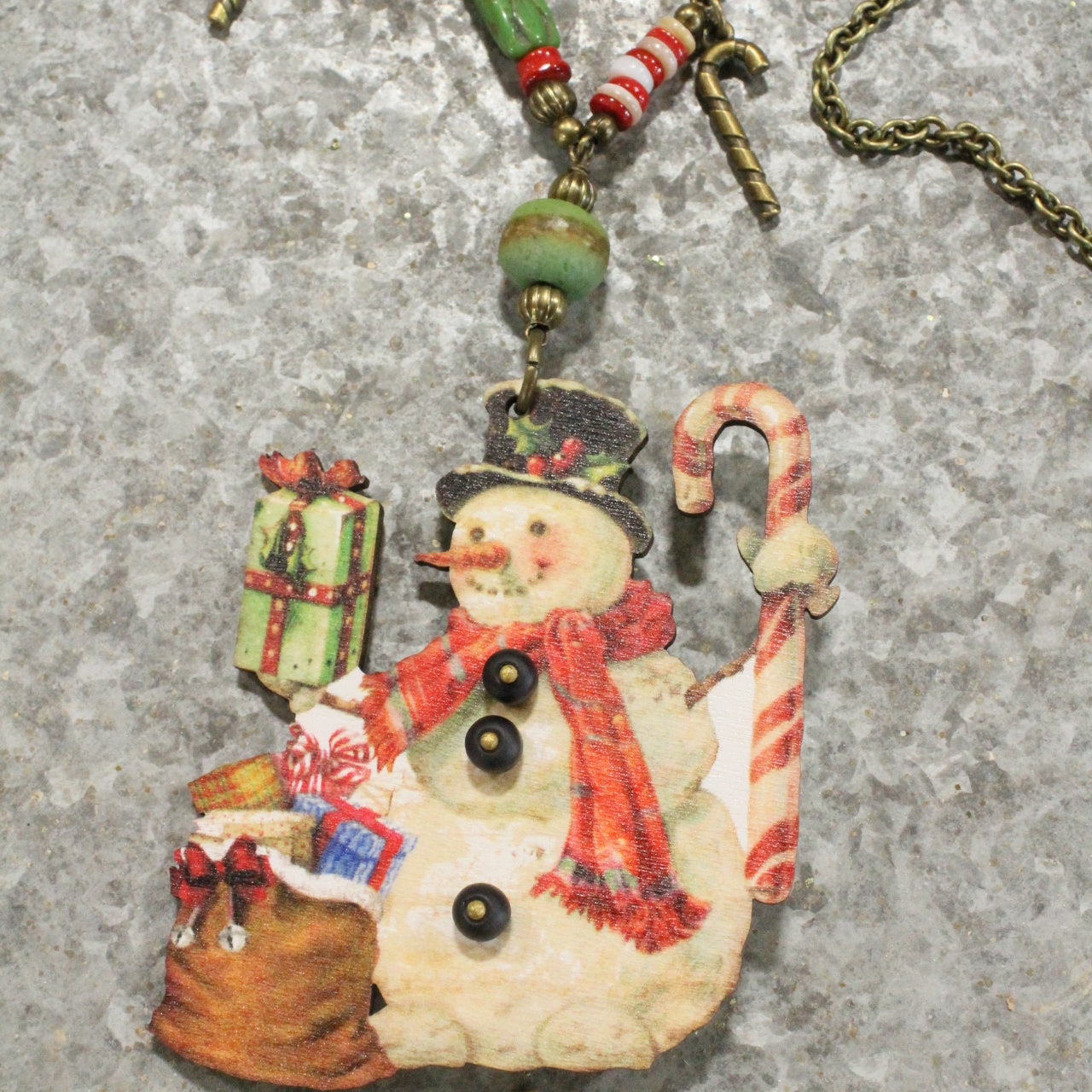 Snowman W/ His Candy Cane & Packages Charm Necklace