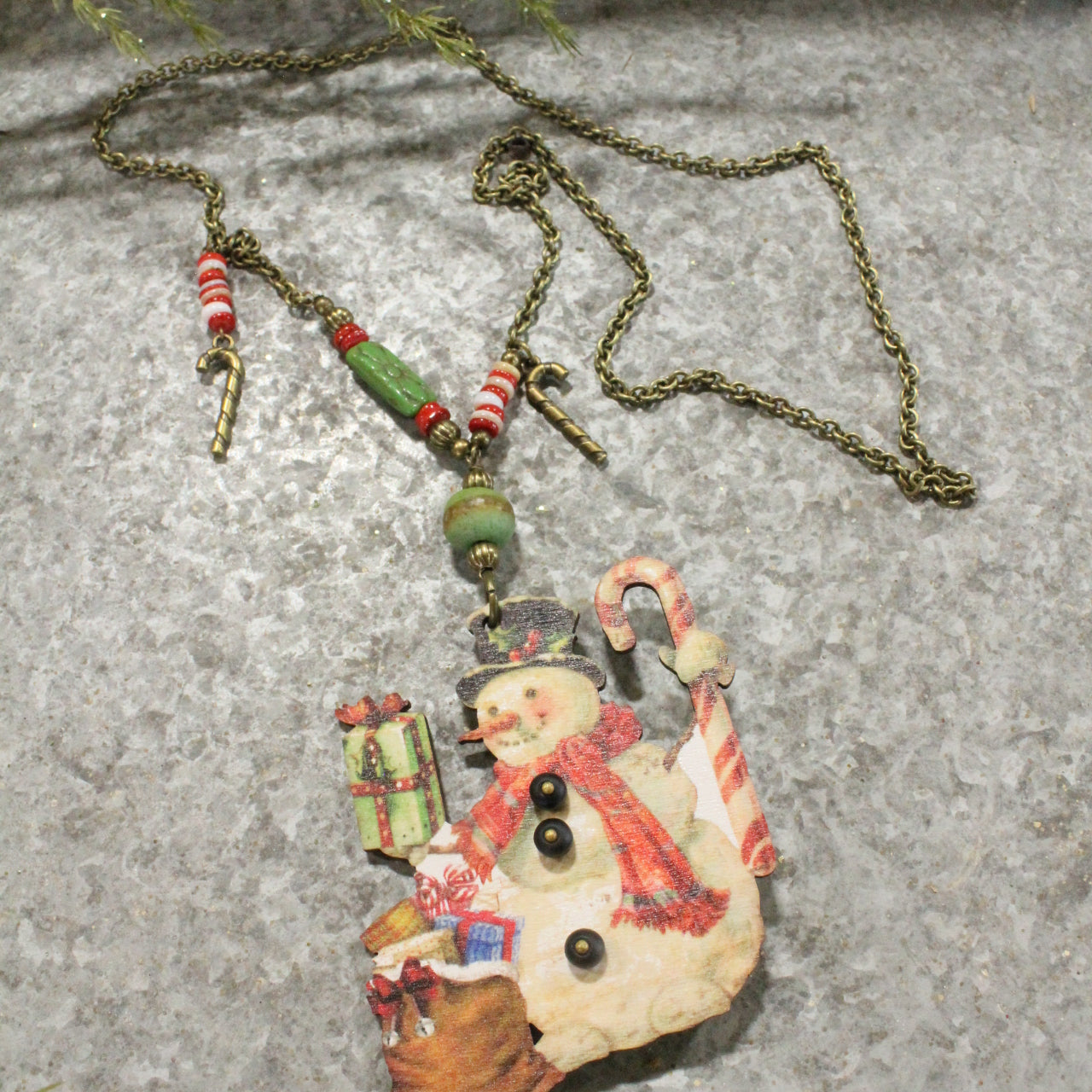 Snowman W/ His Candy Cane & Packages Charm Necklace