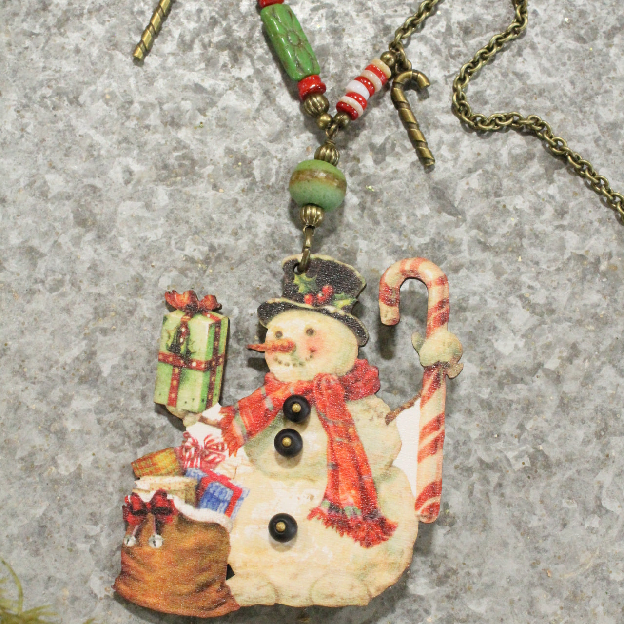 Snowman W/ His Candy Cane & Packages Charm Necklace