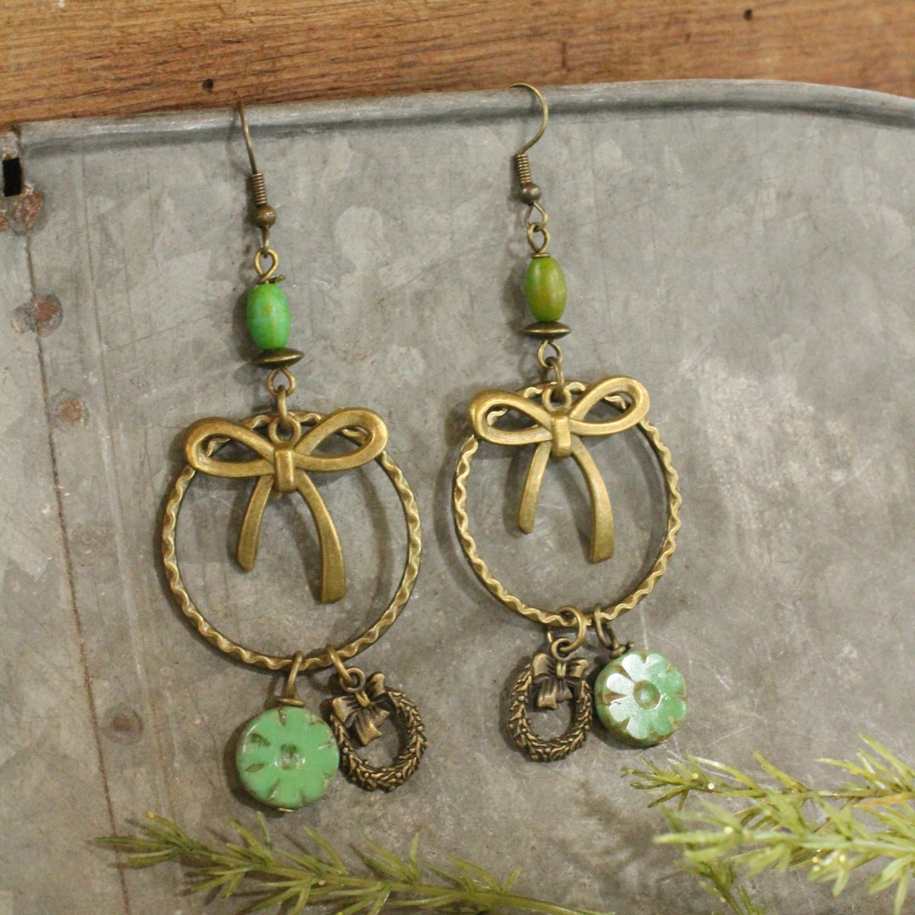 Czech Glass & A Ribbon Tied To A Wreath Hoop Earrings