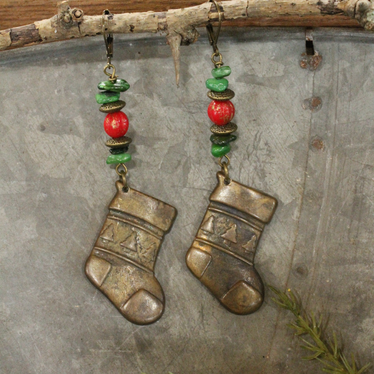 Antique Brass Stocking Dangle Earrings